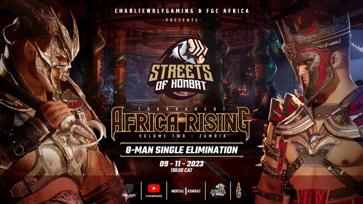 #MortalKombat1 action at 19h30. (CAT) tonight as Africa takes centre stage. Catch the Zambia 🇿🇲  #FGC, featuring 8 player single elimination action on YouTube.com/c/charliewolfg…. 
#streetsofkombat #fgcafrica #PlayStation5 #NRS