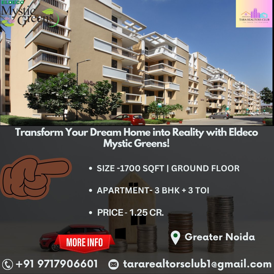 🌟 Eldeco Mystic Greens - Your Dream Home Awaits! 🏡

✨ For Sale: 3 BHK + 3 Toi

📐 Size: 1700 sqft | Ground Floor
💰 Price: ₹1.25 Cr.

📞 Contact: +91 9717906601
📧 Email: tararealtorsclub1@gmail.com

🌳 #EldecoMysticGreens #DreamHome #GroundFloorLiving #TaraRealtorsClub