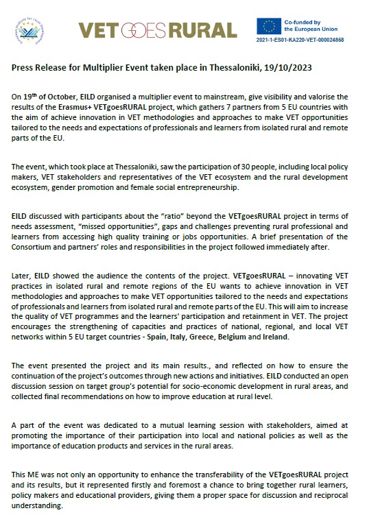 InstituteEild's tweet photo. In the framework of the Erasmus+ Project VETgoesRURAL, EILD organized a Multiplier Event. More details you can find in the attached Press Release (in Greek). https://t.co/fwhvbG8XVL