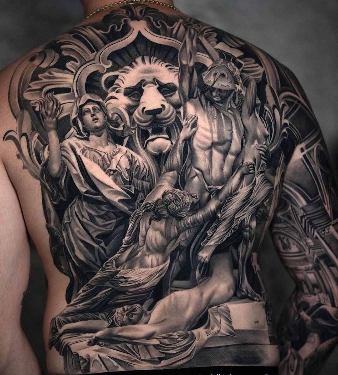 Amazing black and grey back piece from Fábio Guerreiro using Killer Ink  tattoo supplies! #blackandgreytattoo, image size:1080x1198
