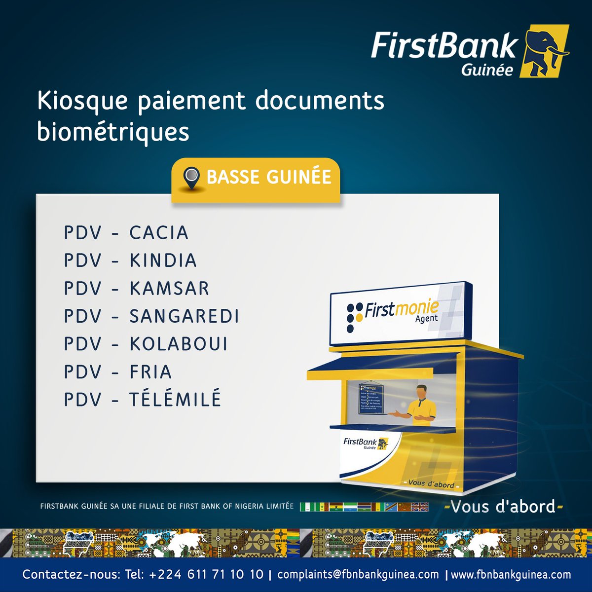 FirstBankGuinee's tweet photo. Pour le payement de vos documents biométriques, la Firstbank dispose de plus de 3000 agents à travers la Guinée.
Rendez-vous chez l’agent le plus proche ou appelez nous au 611711010 ou 611721010 pour vous informer .
Zone Basse Guinée
#firstbankguinée #VousDabord #FirstMonie https://t.co/F3Yyxgq2Dh