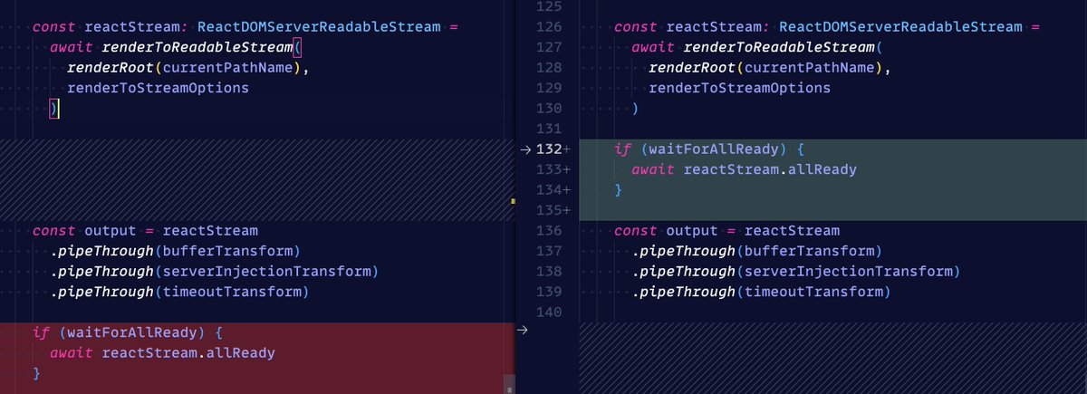 For anyone working on streaming with React - quick tip. Wait for `allReady` (if you have to) _before_ you apply transforms!

Subtle, but is the difference between delivering a semi-progressively renredered page and a fully formed HTML (for crawlers/bots)