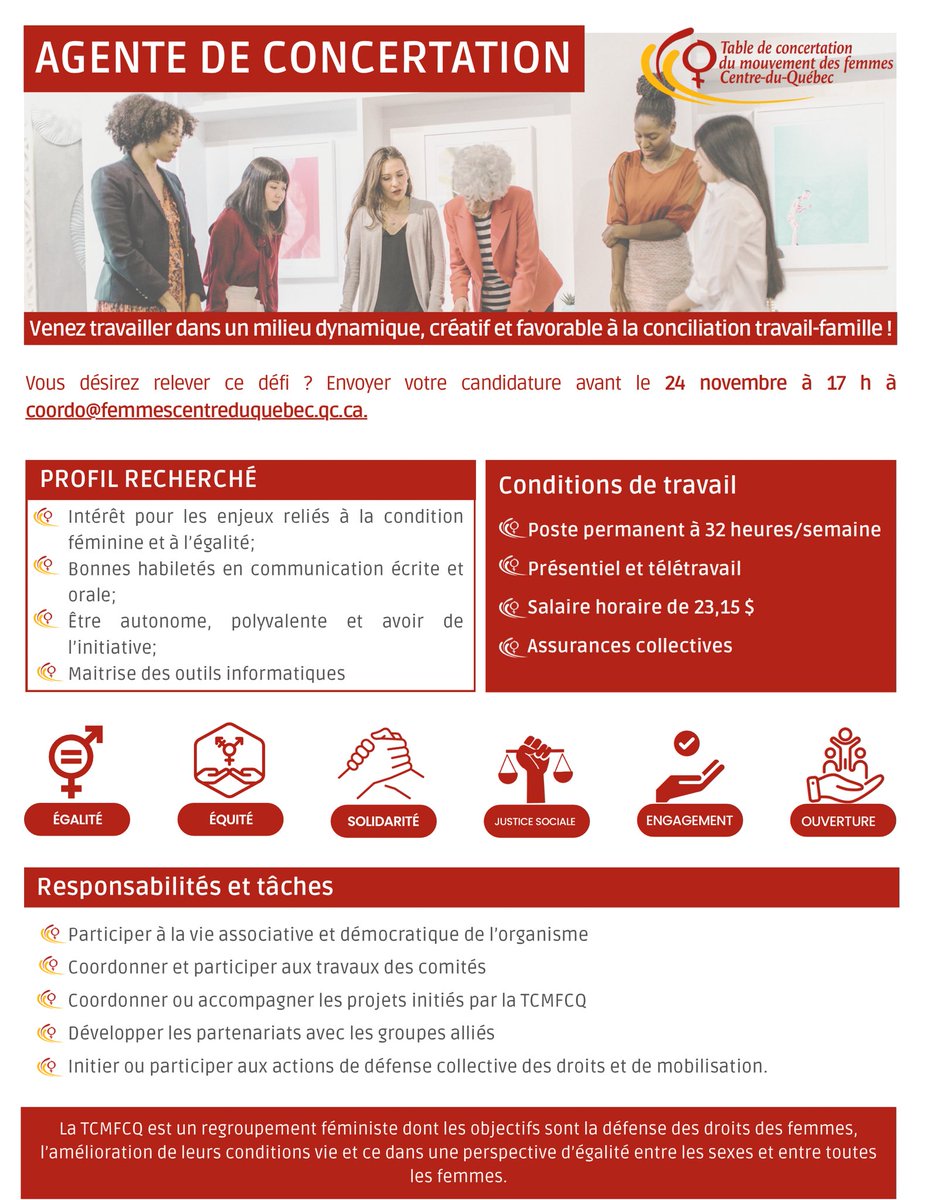 Offre d’emploi! Nous sommes à la recherche d’une agente de concertation. Infos ici : femmescentreduquebec.qc.ca/uploads/pdf/76…