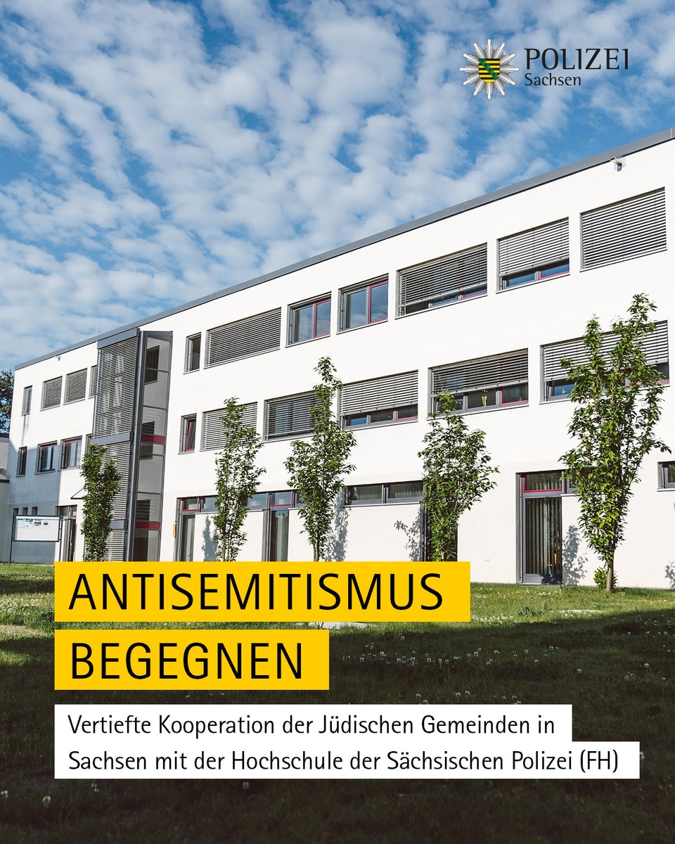 PolizeiSachsen's tweet photo. Die Hochschule der Sächsischen Polizei (FH) und die Jüdischen Gemeinden in Sachsen stärken ihre seit dem Jahr 2022 bestehende Kooperation. In der Ausbildung, dem Bachelorstudium angehender Kommissarinnen und Kommissare sowie in der Fortbildung berufserfahrener Bediensteter der Polizei Sachsen werden Aspekte des jüdischen Lebens zukünftig eine noch größere Rolle spielen.

Zur vollständigen Meldung: https://t.co/rGUCkPfQ5w