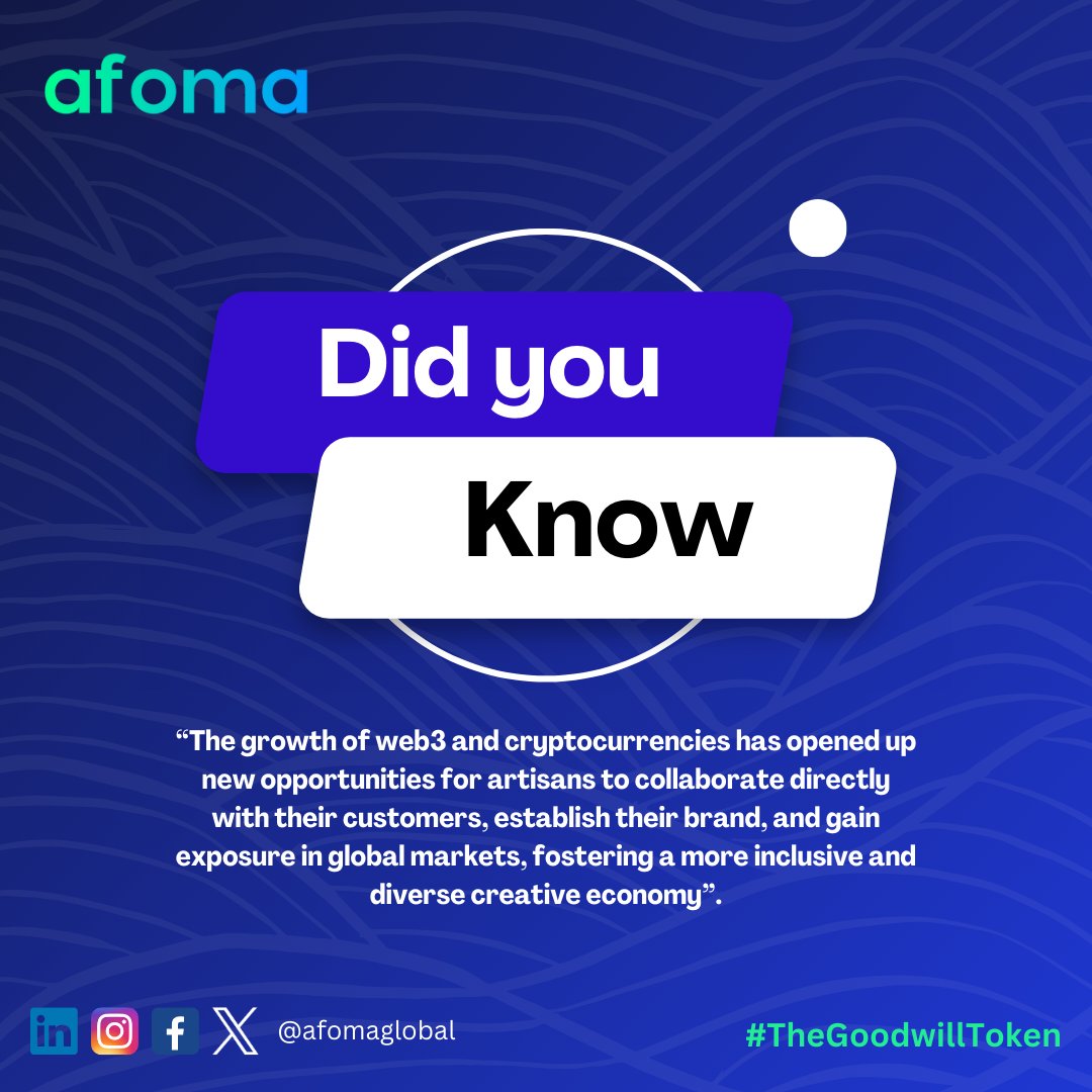 Unlocking a world of possibilities for artisans in the web3 era! Embrace the blockchain, establish your brand, and explore limitless global opportunities 
#Web3Artisans #CreativeEconomy #GlobalOpportunities