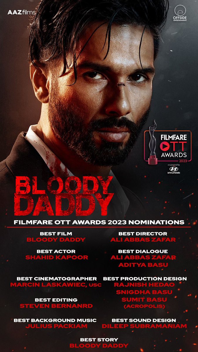 10 nomination for #Bloodydaddy @shahidkapoor @DianaPenty @JioCinema @jiostudios @iHimanshuMehra @SunirKheterpal @RonitBoseRoy #teamBD ❤️#Filmfare OTT
