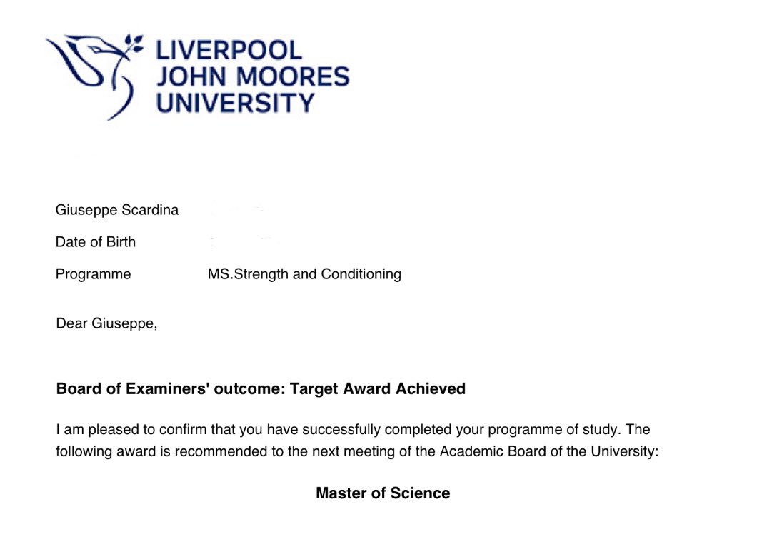 GiusScardina's tweet photo. Excited to announce my official graduation with the MSc in Strength and Conditioning from @LJMU @LJMUSportSci! The past year brought incredible learning and growth, thanks to the program's dynamic approach. Massive shoutout to the @CLESpoSci and @SteMcQuilliam for their guidance. https://t.co/M9TB5VIhiC