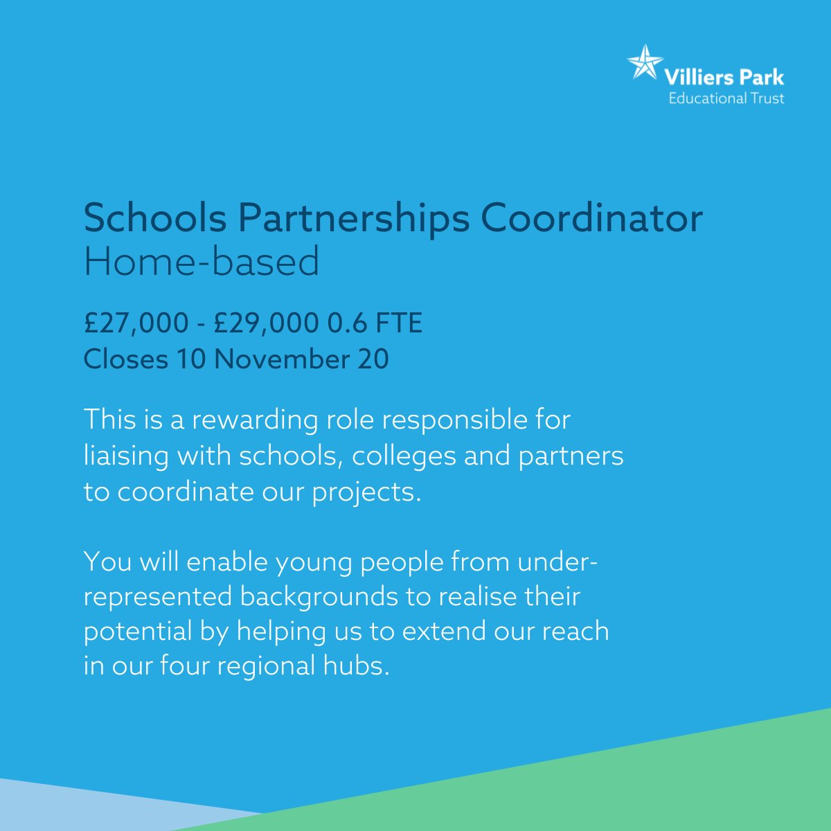 Don't miss the opportunity to join the team at Villiers Park!

We are still hiring for two exciting new roles to help us increase our reach and enable young people from under-represented backgrounds to realise their potential!

Learn more on our website⬇️
villierspark.org.uk/jobs