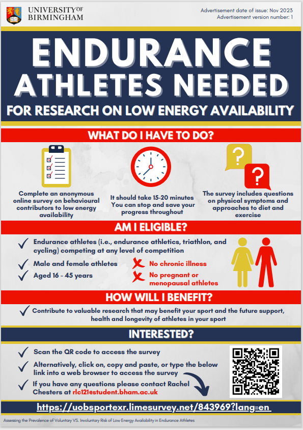 If you are regularly participating in endurance exercise please consider completing this short survey on Behavioural Contributors to Low Energy Availability in Endurance Athletes uobsportexr.limesurvey.net/843969?lang=en