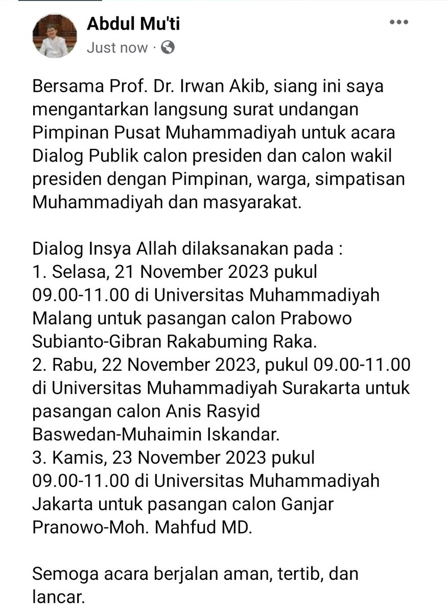 Bersama Prof. Dr. Irwan Akib, siang ini saya mengantarkan langsung surat undangan PP Muhammadiyah untuk acara Dialog Publik calon presiden dan calon wakil presiden dengan Pimpinan, warga, simpatisan Muhammadiyah dan masyarakat.