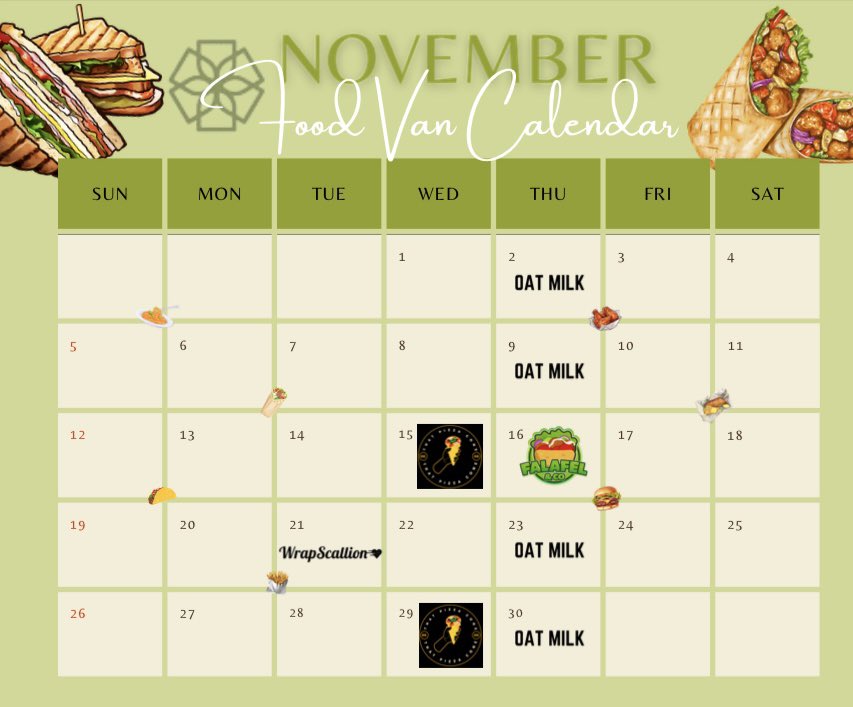 November food van calendar 🌯🌯🌯

Today Oat Milk are on site all day😃

#castlefieldestates #foodtrucks #lunchtime #exciting #castlefield #manchesteroffices #officelife #foodies