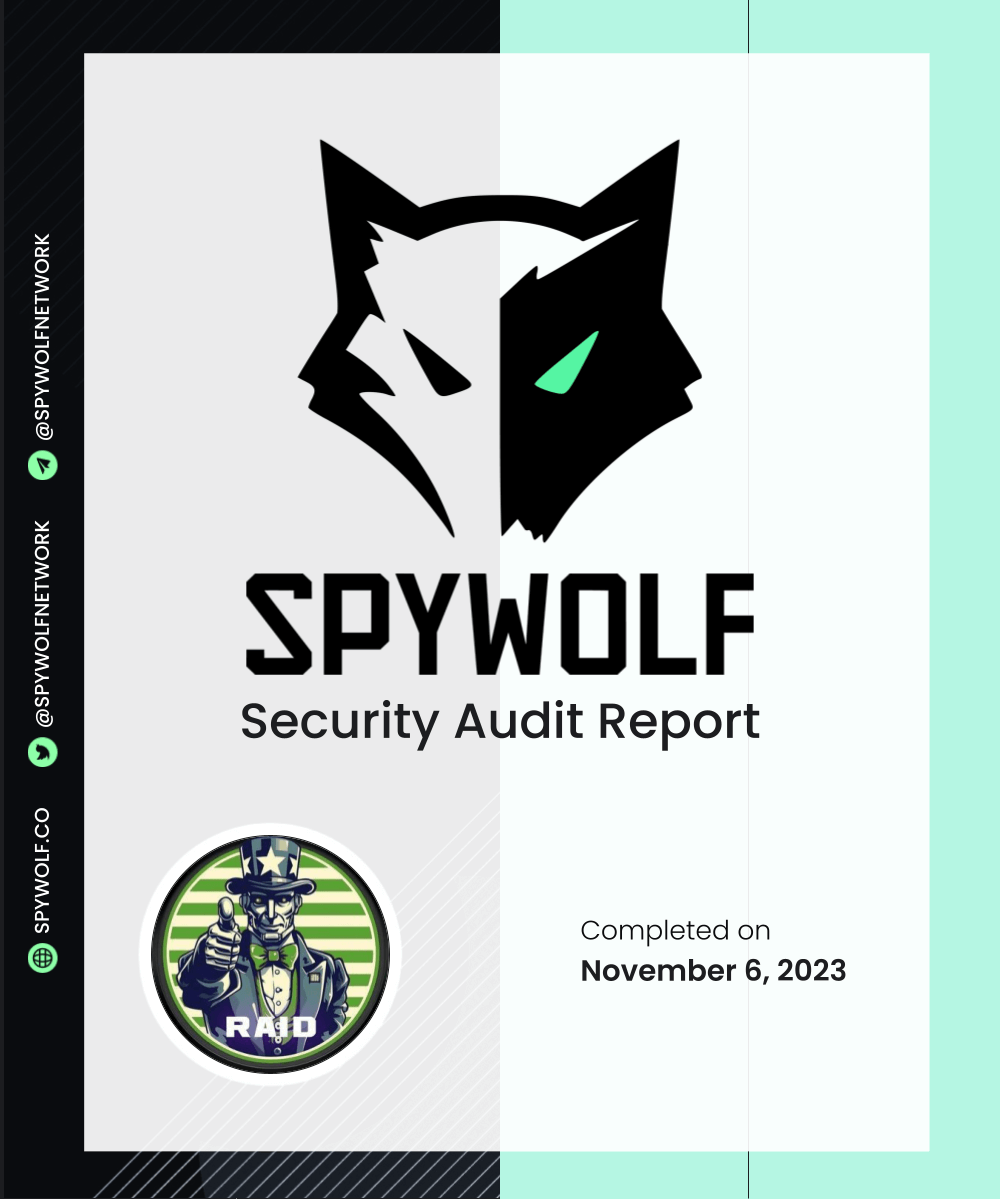 The team at Raid (@RaidCoinERC) has successfully completed our project audit! 🤝 Audit link: github.com/SpyWolfNetwork… (NFA, DYOR)