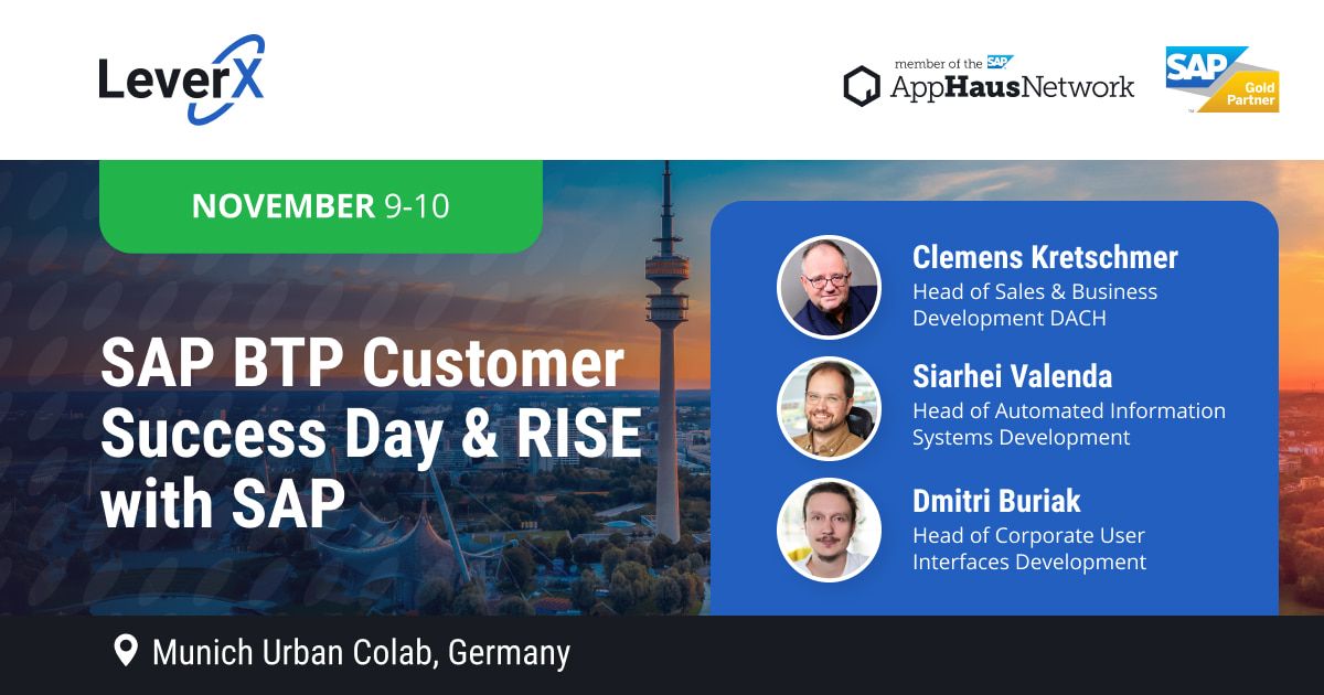 Der neue Tag bringt neue Veranstaltungen und Treffen mit den Kunden😎Heute sind wir in #München beim #SAP Customer Success Day, wo alles um die #SAPBusinessTechnologyPlatform (#BTP) und #RISEwithSAP geht. Wir werden unser #PLM-Wissen teilen. Herzlich willkommen am LeverX-Stand!