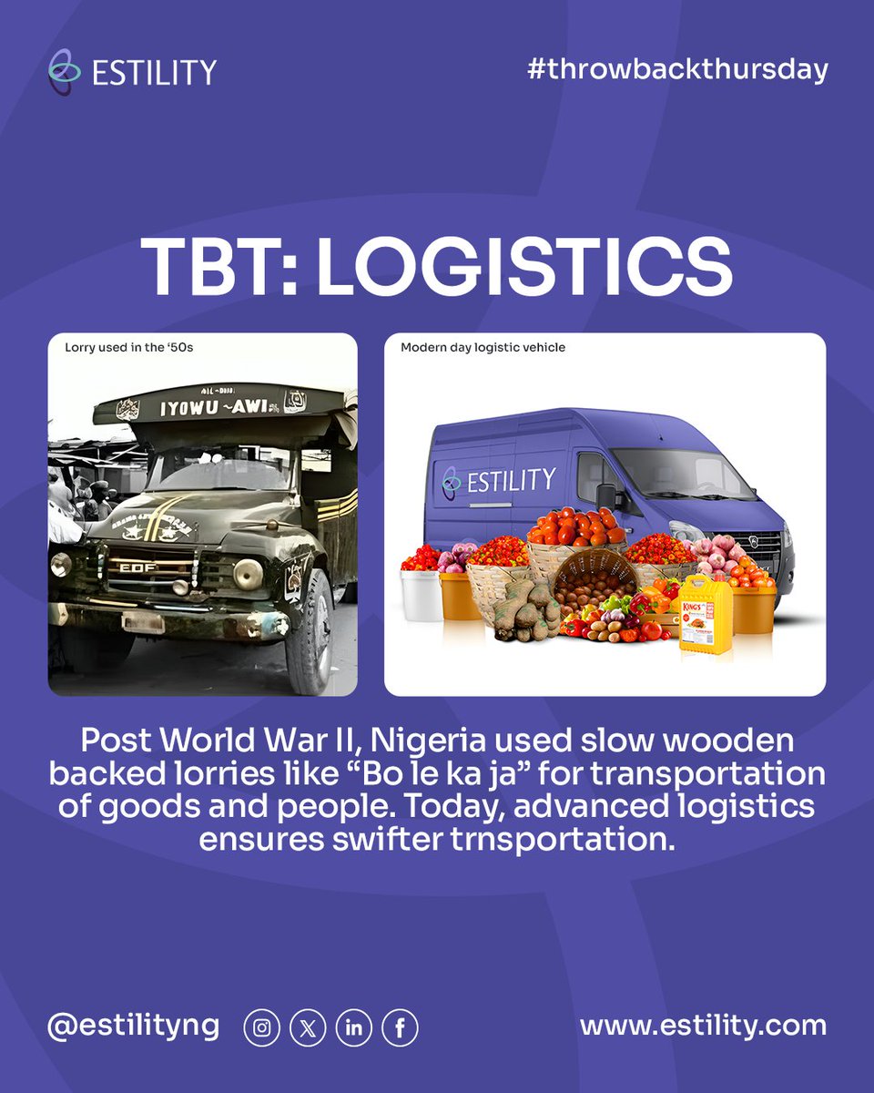 estilityng's tweet photo. Post-World War II Nigeria used slow wooden-backed lorries like "Bo le ka ja" for goods and people. Today, advanced logistics ensures swifter transportation.

#ThrowbackThursday #Tbt #estility #estilityng #Resign Enugu 14,000 Nigerians #fastdelivery #logistics #accesscontroltech https://t.co/S1MALbKCrg
