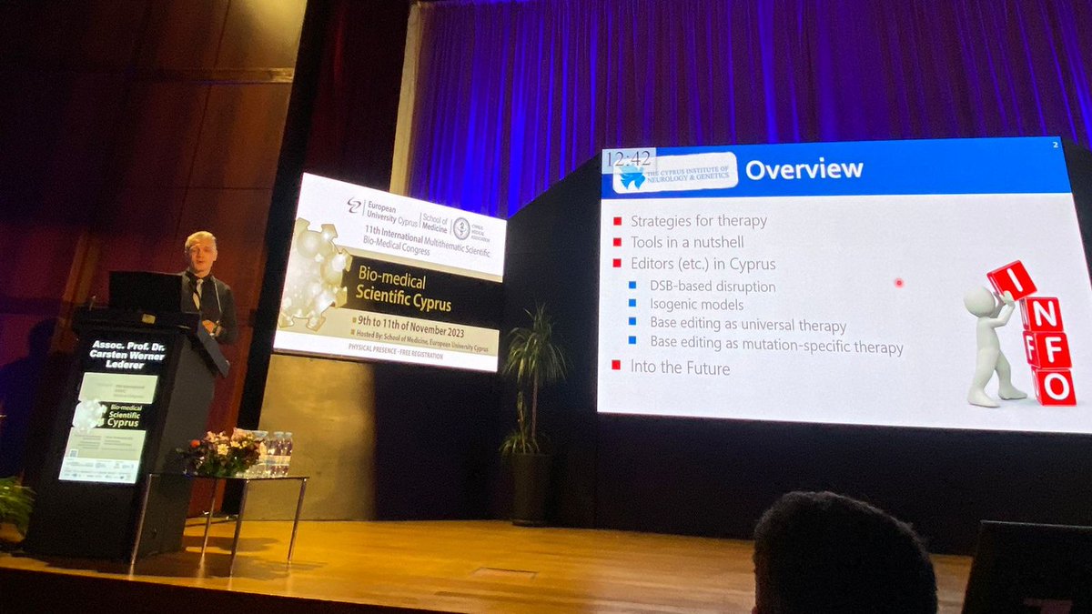 LedererCarsten's tweet photo. Enjoying the great European University Cyprus IMBMC Conference and presenting our gene editing work at the The Cyprus Institute of Neurology &amp; Genetics!  Also find Basma Naiisseh, Florentia Romanou, Mikaella Kontopoulou and Sevgi Özkaramehmet to discuss their excellent posters! https://t.co/qQqpeDDF1m