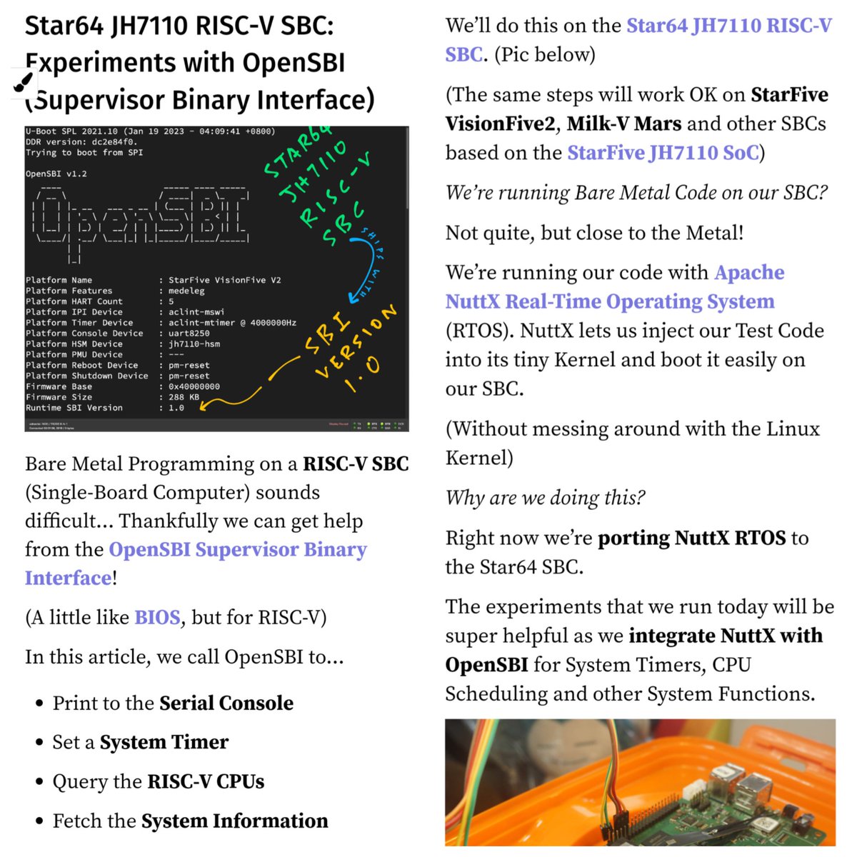 MisterTechBlog's tweet photo. Let's boot Apache #NuttX RTOS on #RISCV Star64 #JH7110 SBC (VisionFive5 too) ... And experiment with the #OpenSBI Supervisor Binary Interface

Article: https://t.co/a5AgPasSLW https://t.co/M0Ro1oqf3i
