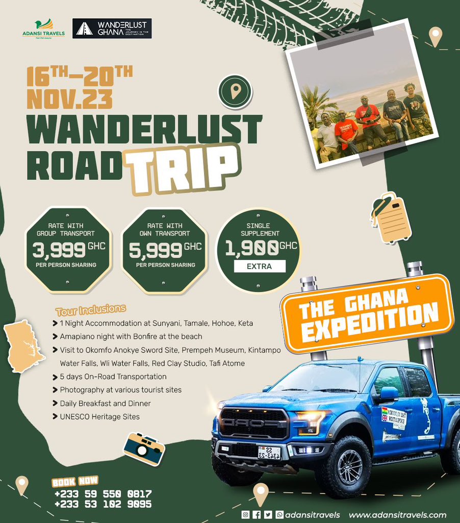The long-awaited road trip package is here!

You have the option of a self-drive in a convoy or join a hired transport.

Are you coming along?

☎ 055 264 8267 / 055 631 0404

#wanderlustghana #roadtrip #thejourneyisthedestination  #travel #roadexpedition #accratolondon