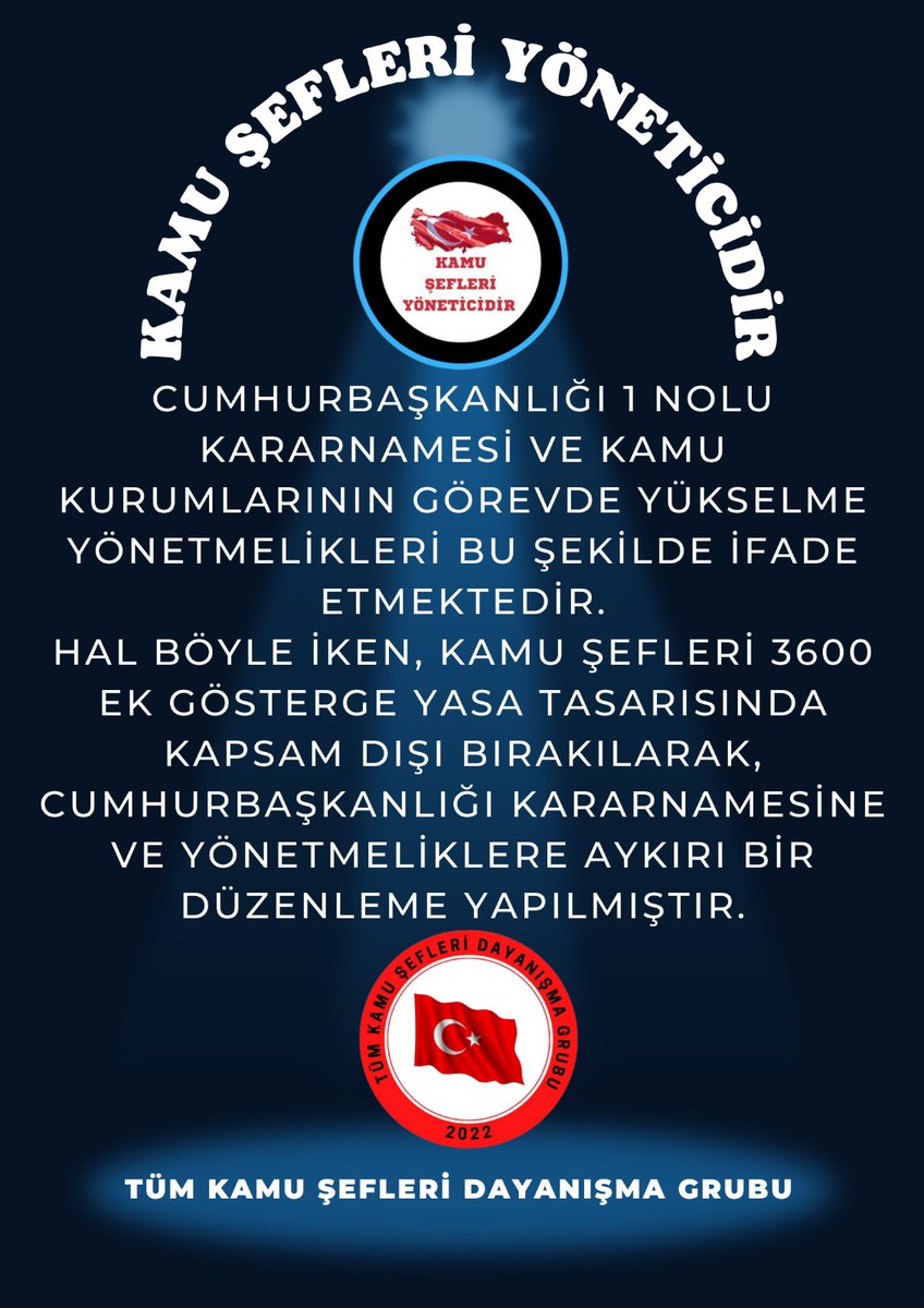 Yönetici #TümKamuŞefleri nin 3600 ek gösterge hakkı söz verildiği gibi 2024 yılı başında çözüme kavuşturulmalıdır. 2 yıldır süren mağduriyet sona ermeli ve Şefler statüsü ve liyakati gereği hakkı olan 3600 ü almalıdır. <a href="/RTErdogan/">Recep Tayyip Erdoğan</a> <a href="/isikhanvedat/">Prof. Dr. Vedat Işıkhan</a> <a href="/memetsimsek/">Mehmet Simsek</a> <a href="/Mustafa_Destici/">Mustafa Destici</a>