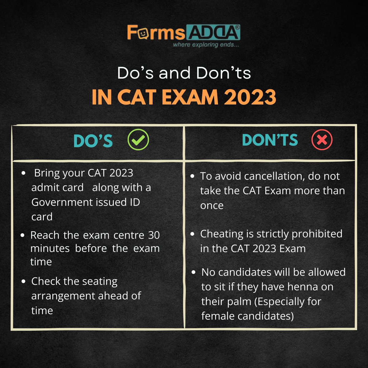 formsadda's tweet photo. Ace the CAT Exam with These Expert Tips: Do's and Don'ts to rule the Exam.
Follow these expert tips to maximize your score.
.
.
.
#formsadda #catexam #examtips #mba #cat2023 #MBAaspirant #iimcat #managemententranceexam https://t.co/bER5jd3sDK