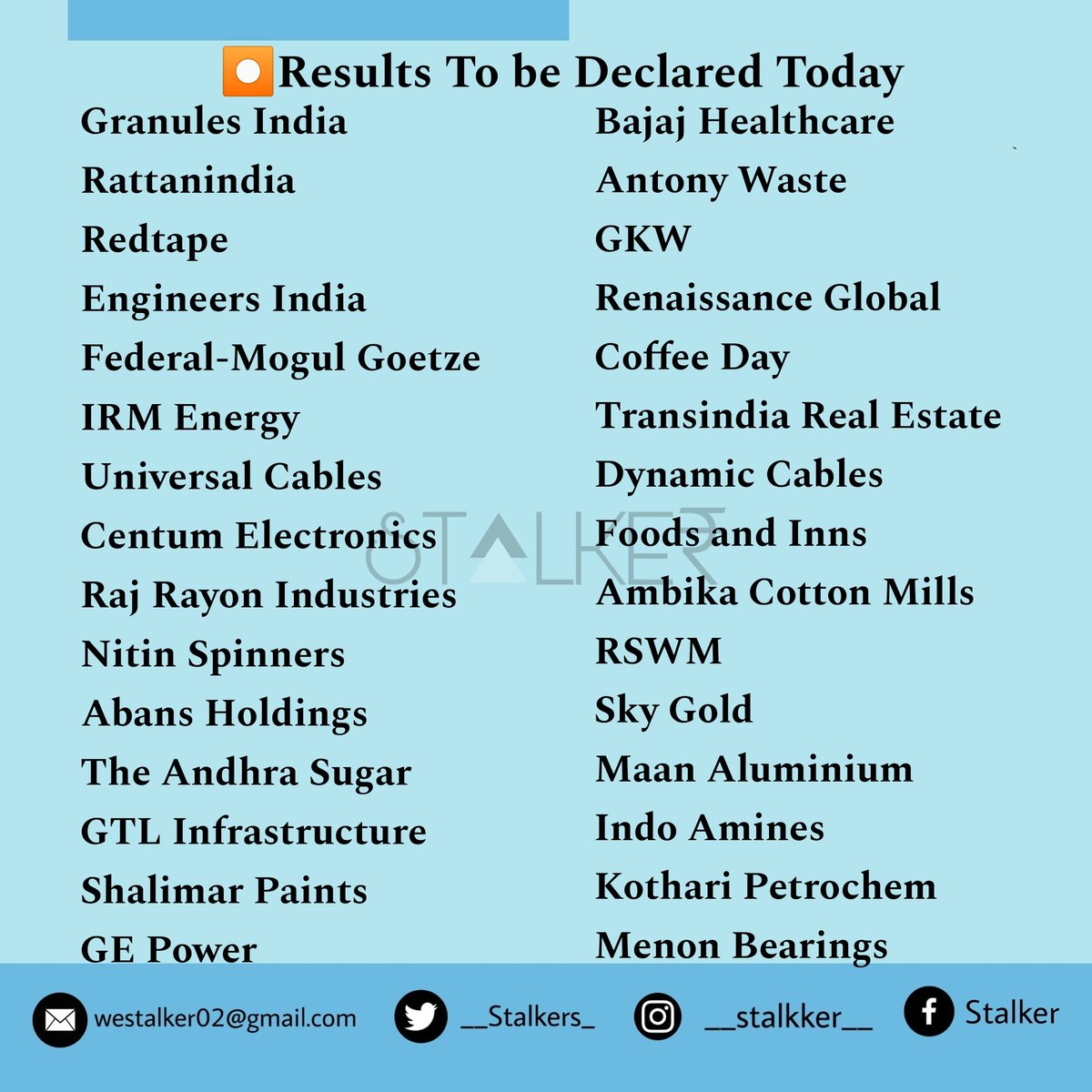 __Stalkers_'s tweet photo. ➡️Today again there are whooping 200+ Results Today be with us and we will bring results to you.
➡️Don't forget to follow us @__Stalkers_
#Granules #RattanIndia #Redtape #IRMEnergy #UniversalCable #Centum #AndhraSugar #Bajaj #AntonyWaste #CoffeeDay #Ambika #KothariPetro #Menon https://t.co/mf2RKiLOgF
