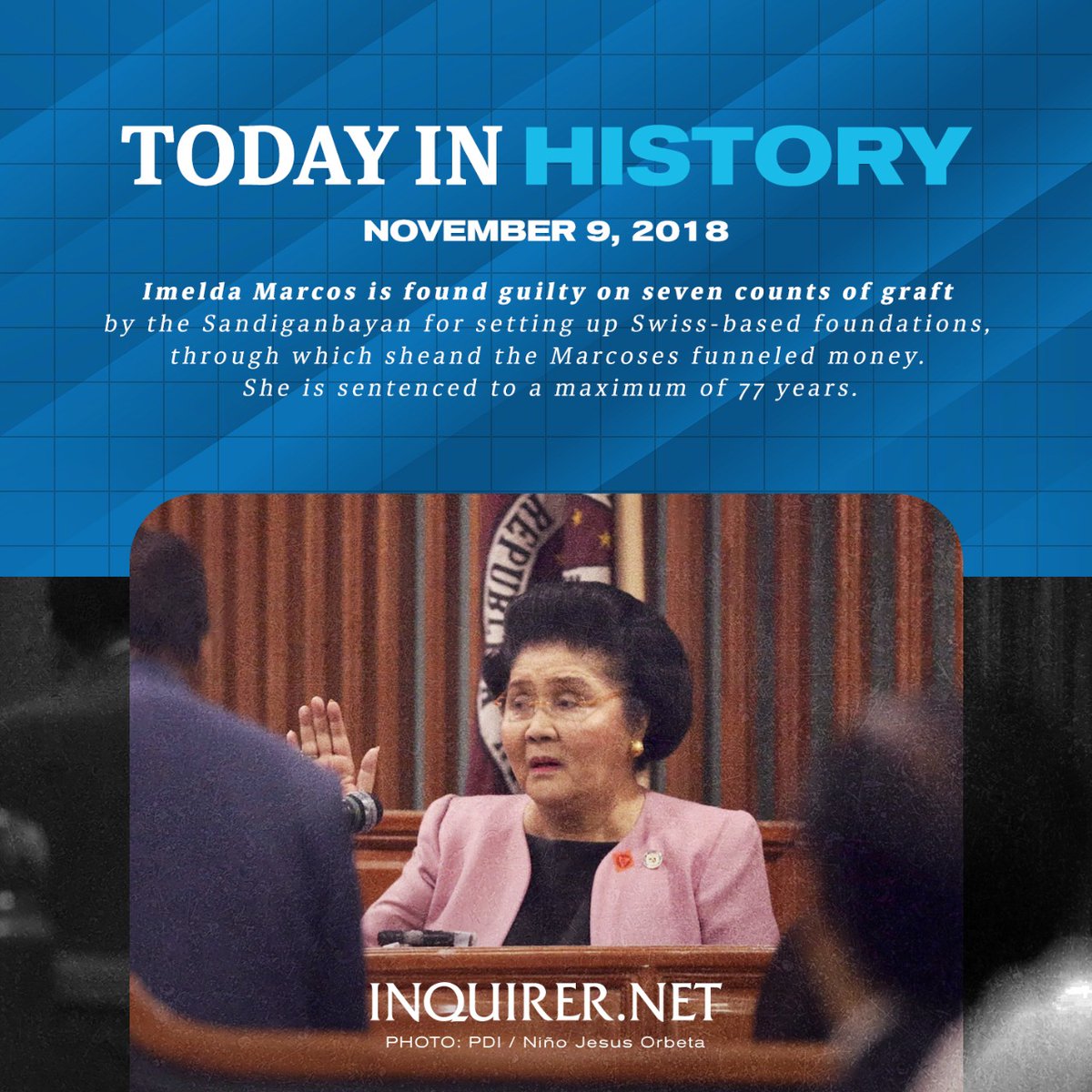 inquirerdotnet's tweet photo. #TodayInHistory

Five years ago today, former first lady Imelda Marcos was convicted of seven counts of graft by the Sandiganbayan’s Fifth Division.

READ: https://t.co/dPaVIFeUHj https://t.co/SqEqdAKDwF