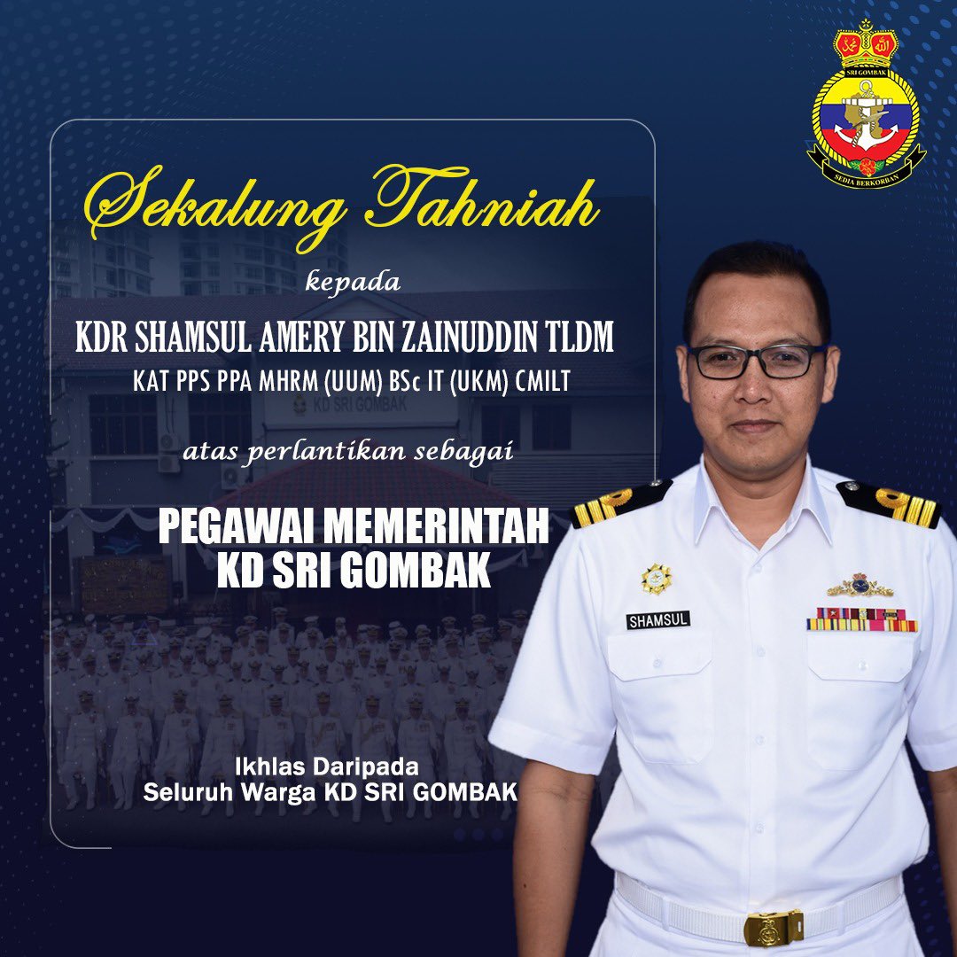 Setinggi-tinggi ucapan tahniah kepada Komander Shamsul Amery bin Zainuddin TLDM atas pelantikan sebagai Pegawai Memerintah KD SRI GOMBAK yang ke-13. Welcome Onboard, CO Sir! #SediaBerkorban