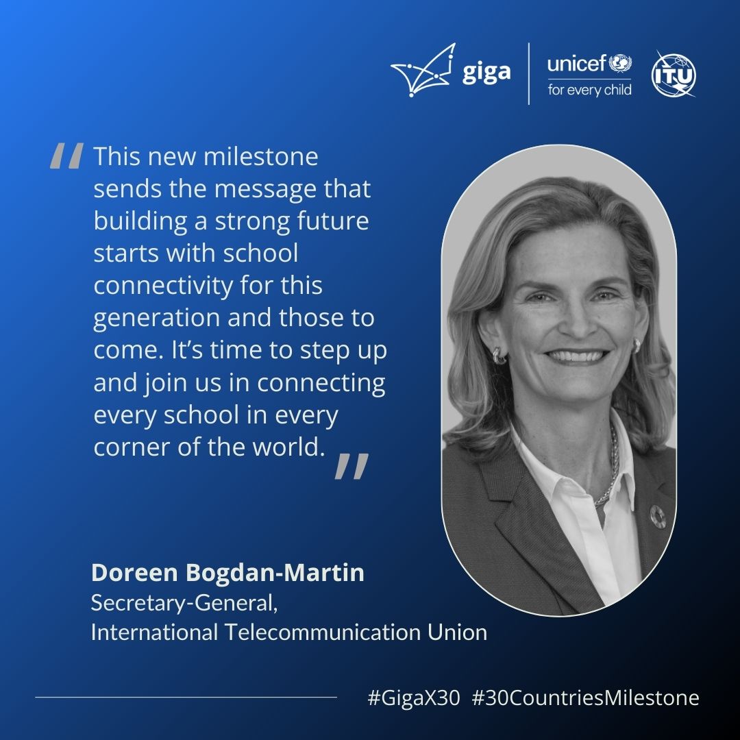 Gigaglobal's tweet photo. This milestone is not just about connecting schools; it's about empowering governments with innovative tools and solutions to achieve universal school connectivity. 

@ITUSecGen Doreen Bogdan-Martin celebrates Giga’s #30CountriesMilestone #GigaX30.

Read: https://t.co/WBoaVRhUuL https://t.co/cIajA70e1I