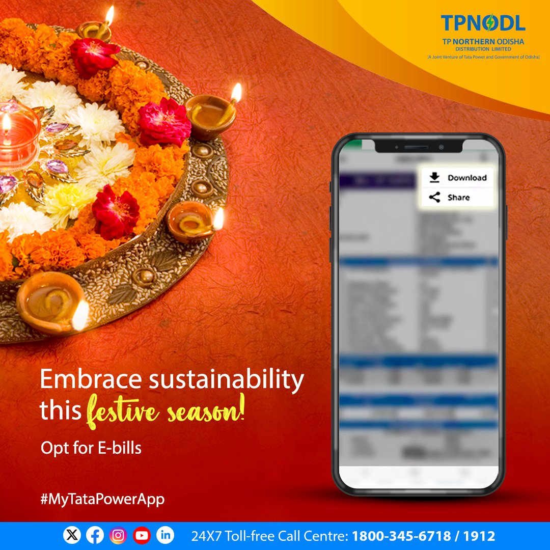 tpnodl_odisha's tweet photo. Eco-friendly celebrations mean not just saving energy for you, but also for the planet! Take a small step and receive your digital monthly bill with My Tata Power App.

#LightUpYourFestivities #MyTataPowerApp https://t.co/9qgRwfspiU