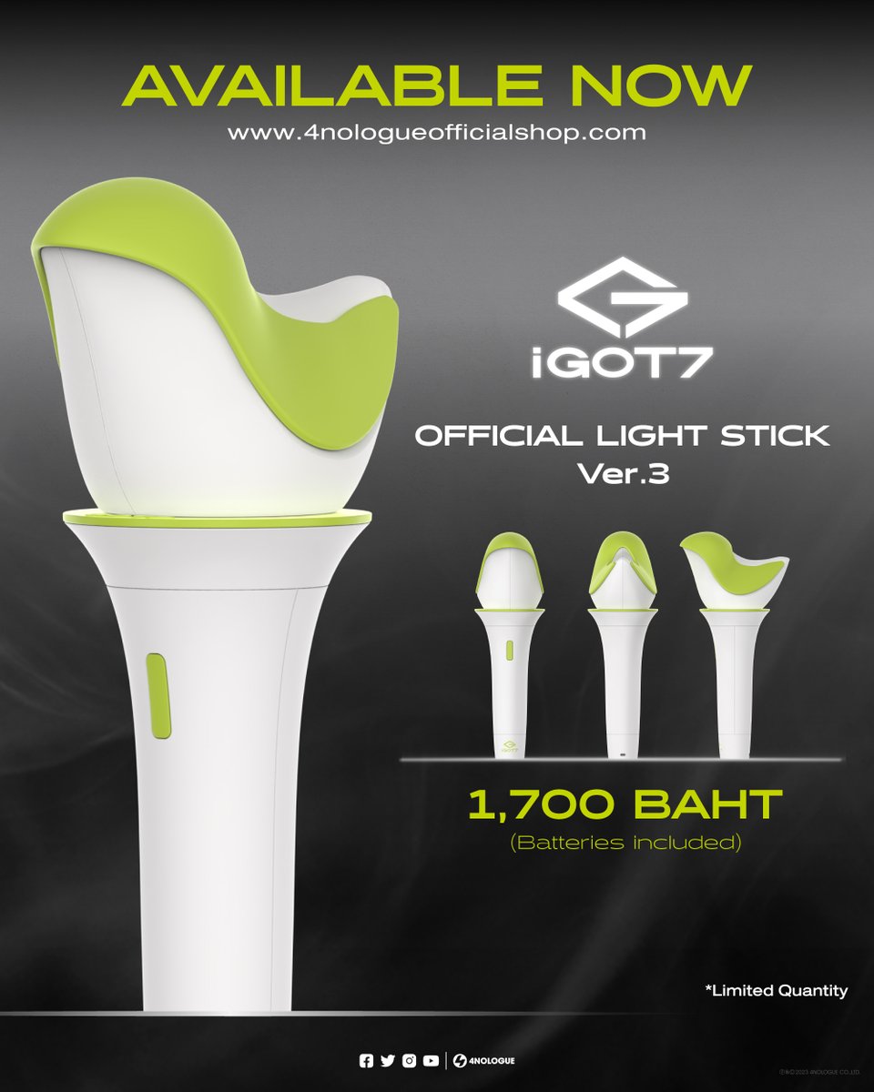 4NOLOGUE's tweet photo. สุดพิเศษ! สำหรับชาวอากาเซ่ที่ยังไม่มีแท่งไฟ GOT7 OFFICIAL LIGHT STICK VER.3 รีบมาจับจองเป็นเจ้าของกันได้เลย! 

💚สินค้ามีจำนวนจำกัด💚

📦 ราคา 1,700 บาท (ราคารวมถ่าน AAA จำนวน 3 ก้อน)
🗓 เปิดจำหน่ายตั้งแต่วันนี้ เวลา 13.00 น. เป็นต้นไป
📍 สั่งซื้อได้ทาง   https://t.co/wubu5H5au0

*ราคาสินค้าไม่รวมค่าจัดส่ง
*จัดส่งภายในประเทศไทยเท่านั้น
*ระยะเวลาในการจัดส่ง 7-15 วันหลังจากชำระเงิน

.

Must have item for iGOT7~ GOT7 OFFICIAL LIGHT STICK VER.3 is available now!

💚Limited Quantity💚

🏷️ Price 1,700 Baht (Three AAA batteries included)
🗓 1PM onwards
📍 Order via   https://t.co/wubu5H5au0

*Price does not include delivery fee.
*Delivery within Thailand only.
*Delivery period is 7-15 days after payment.

#GOT7 #IGOT7
#갓세븐 #아가새 
#4NOLOGUE