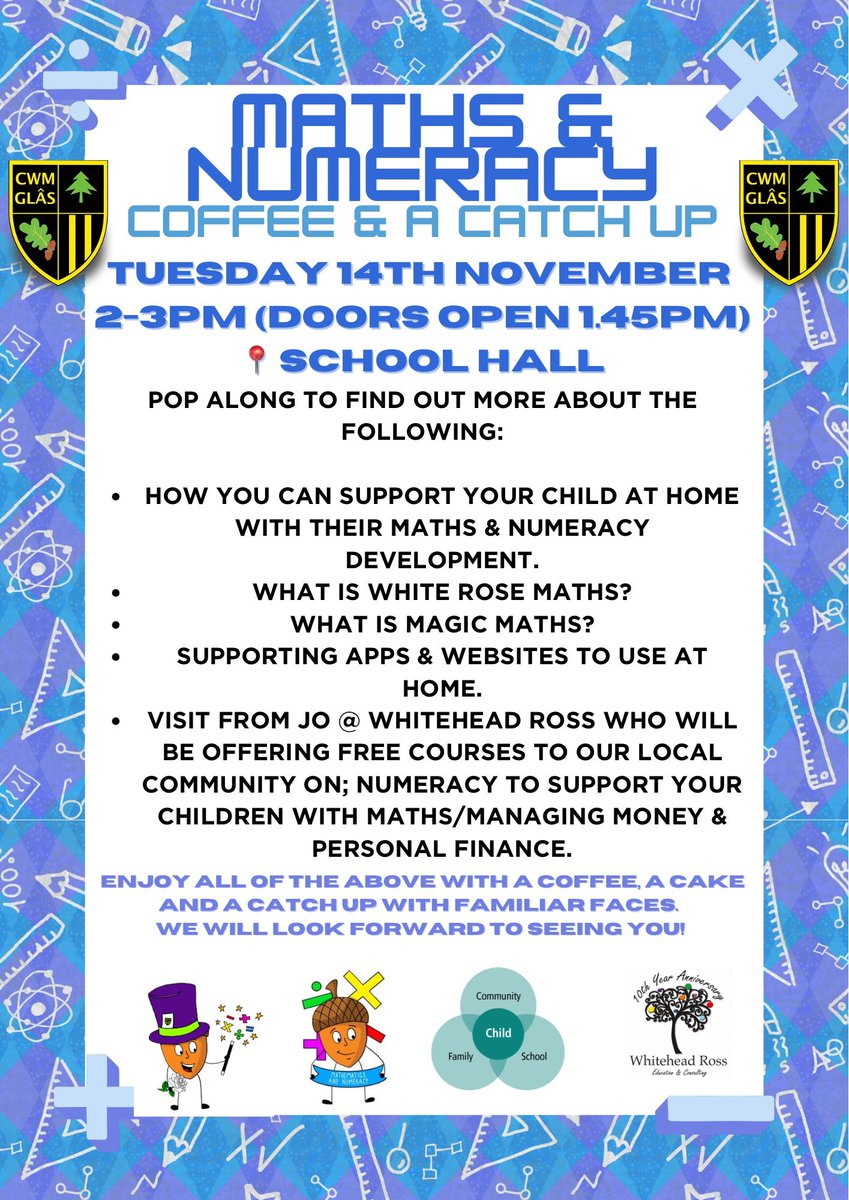 CGPrimary's tweet photo. 🔢Join us this Tuesday 14th November 2-3pm for our Maths &amp; Numeracy Coffee &amp; Catch Up! Find out about how you can support your child at home, schemes we follow in school &amp; much more! All whilst enjoying a coffee, a cake and a chat 🥰 We can’t wait to see you! #CGPMath #CGPComm🔢 https://t.co/Uin19LgPWi