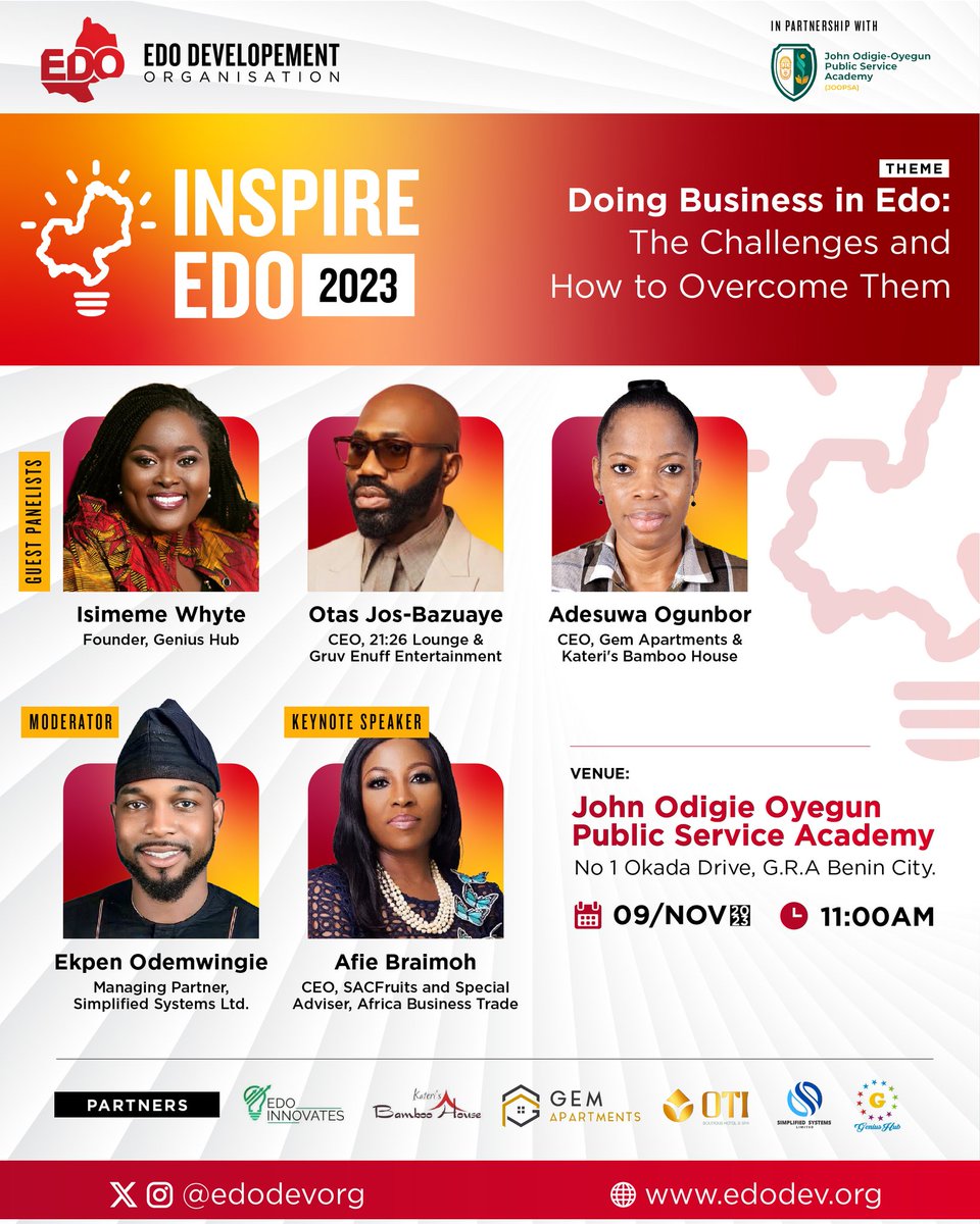 edodevorg's tweet photo. TODAY!! 📍
At Inspire Edo, we look forward to a day of business transformation and an inspirational experience that will empower businesses and help them thrive, beyond challenged peculiar to their environment.
#InspireEDO
#InspireEdo2023
#EdoDevOrg
#EdoDevelopmentOrganisation https://t.co/4iOv2wFyLn