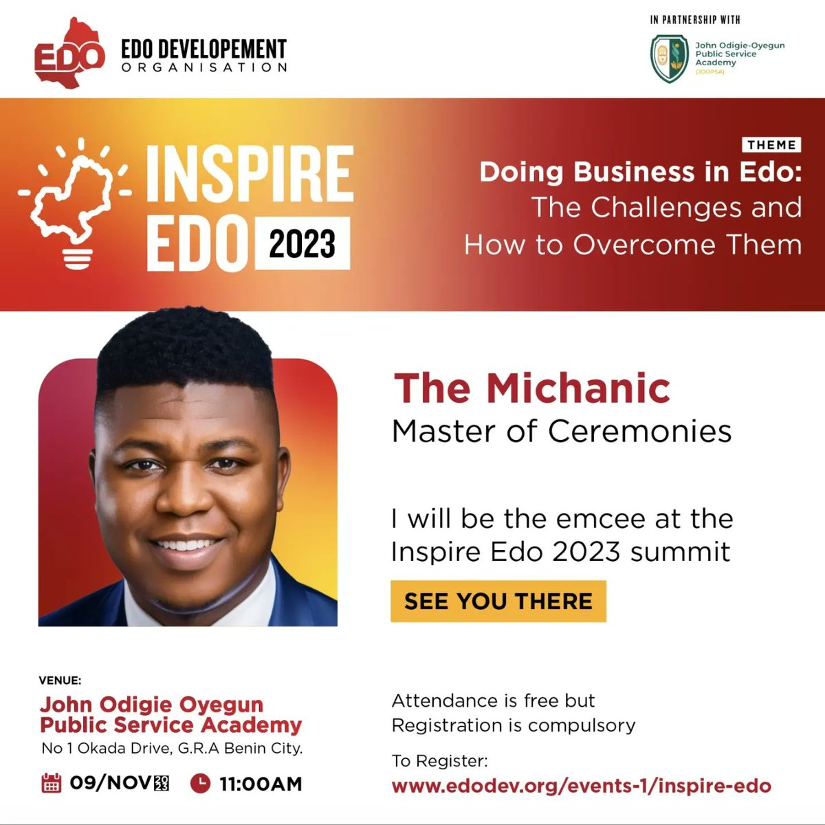 edodevorg's tweet photo. TODAY!! 📍
At Inspire Edo, we look forward to a day of business transformation and an inspirational experience that will empower businesses and help them thrive, beyond challenged peculiar to their environment.
#InspireEDO
#InspireEdo2023
#EdoDevOrg
#EdoDevelopmentOrganisation https://t.co/4iOv2wFyLn