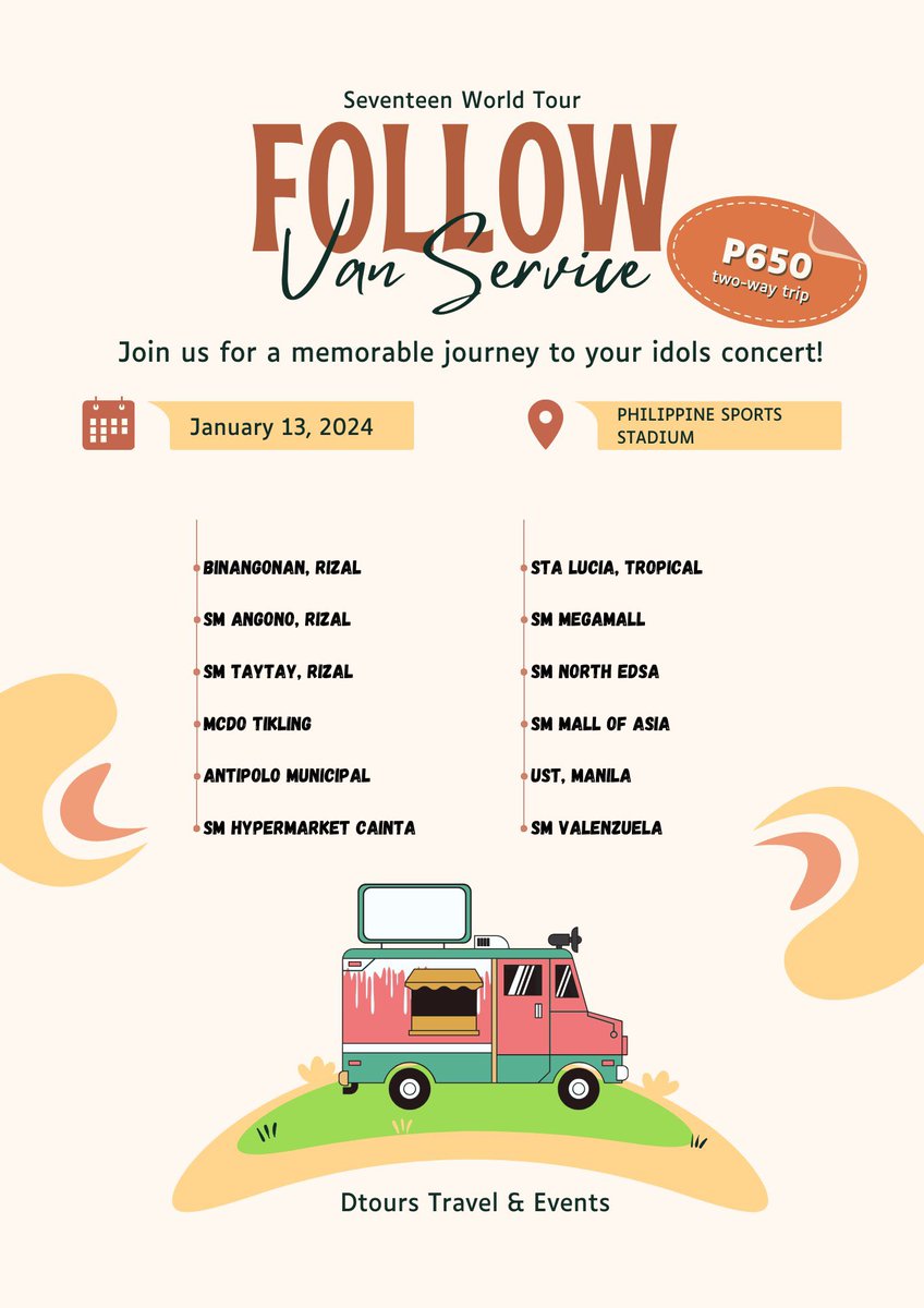 D_t0urs's tweet photo. Hello Carats,

Reservation form for Follow Tour Van Service is now open.

For inquiries and concerns feel free to message us 😊

https://t.co/iqjvfqAO9A 

#SEVENTEEN #SVT_FOLLOW_TOUR #FOLLOW_TO_BULACAN https://t.co/Xq2Ti26dtb