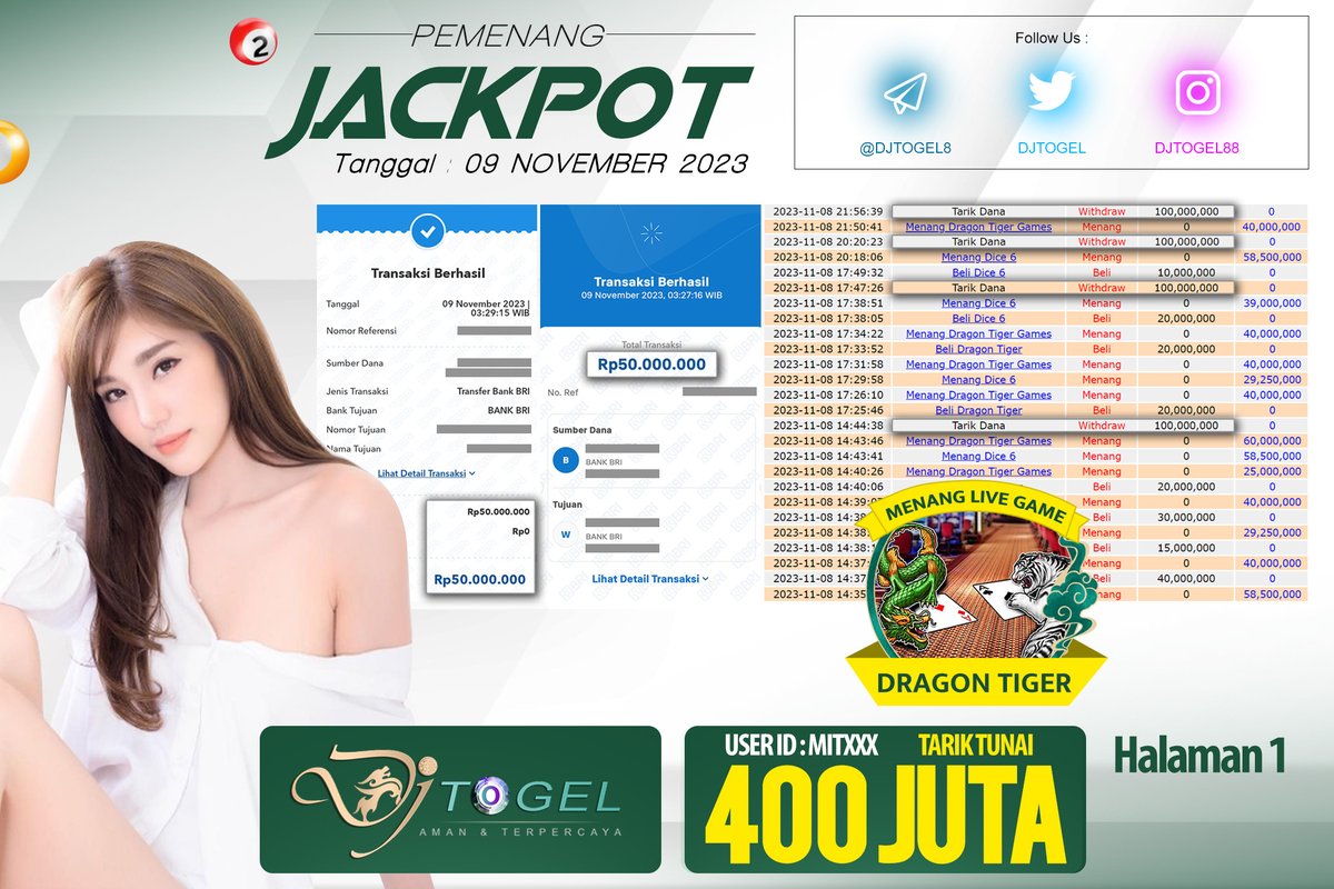 DjTogel's tweet photo. SELAMAT !!! 
Teruntuk User Id : MITxxx Telah Memenangkan Hadiah Jackpot Sebesar 400 Juta Pada Permainan DRAGON TIGER Tanggal 09 November 2023  

Segera Ikuti kami untuk mendapatkan informasi menarik lebih lanjut! https://t.co/upZVQr7vHq