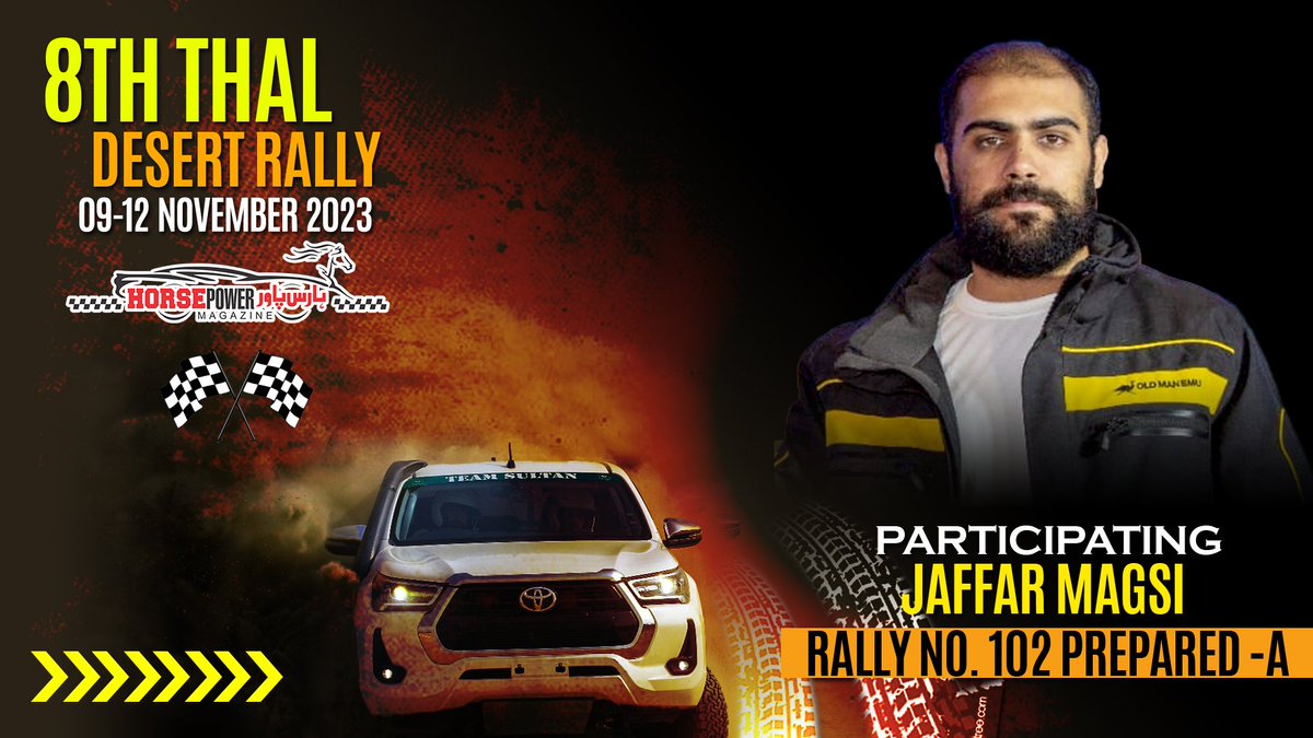 HorsePower_Pak's tweet photo. JaffarMagsi is here to participate in Thal Desert Rally 2023
#JaffarMagsi #APrepared #Thal #HorsePowerMagazine #1st #urdu #motorsport #magazine by #TeamSultan #OffroadRally #champion #racing #cars #Offroad #Rally #Thalrally #thaloffroad #thal #Toyota #Revo #desert https://t.co/pi9wqhHNH4