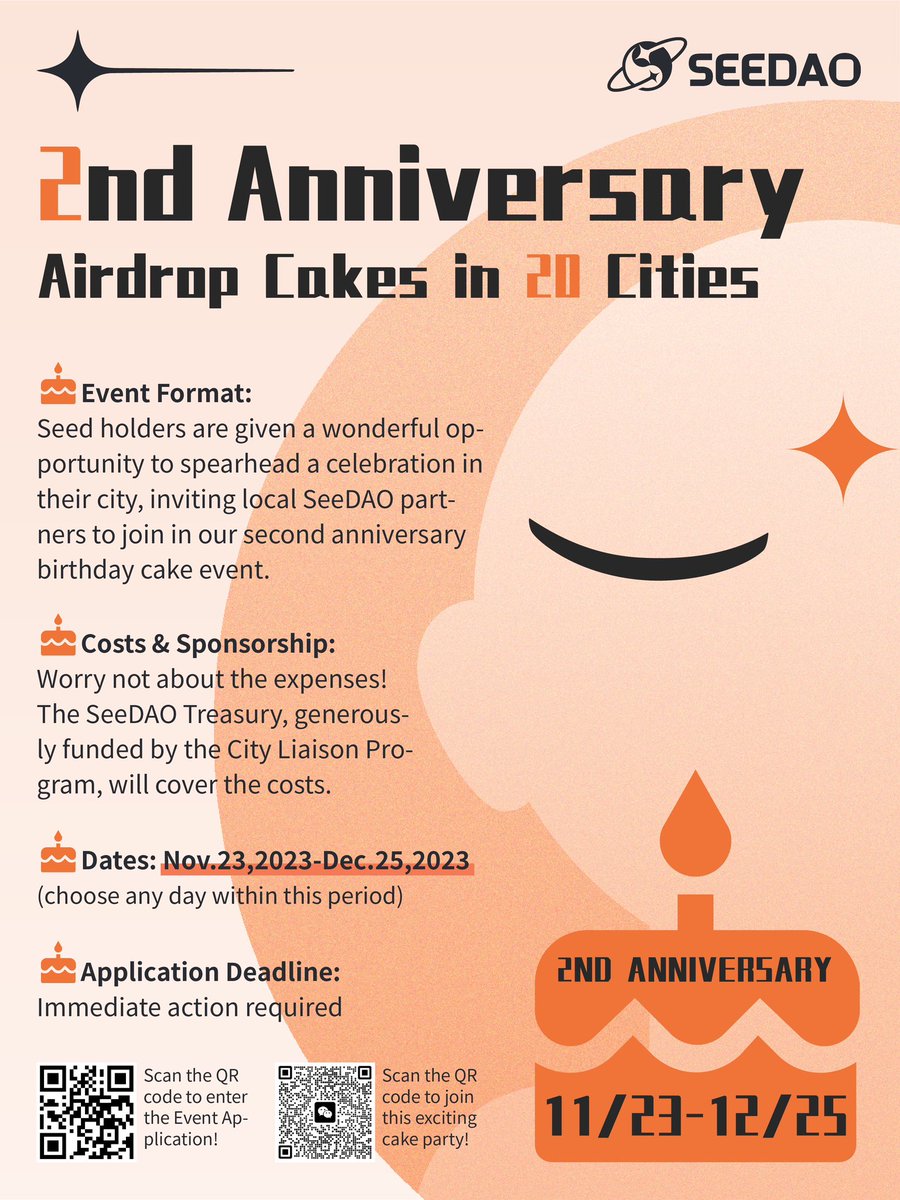 en_SeeDAO's tweet image. 🎉 Celebrating #SeeDAO's 2nd anniversary with a bang! 🎂 

We're sending out birthday cakes to 20 cities worldwide! Let's meet up and celebrate together. #SeeDAOBirthday #GlobalMeetup 🌍🍰