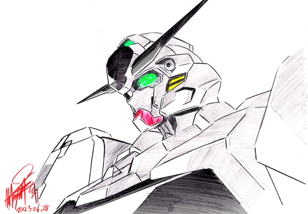 no humans mecha robot v-fin solo green eyes signature  illustration images