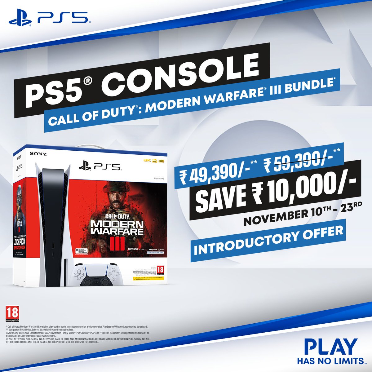 PlayStationIN's tweet photo. The new PS5 Call of Duty: Modern Warfare III Bundle available from 10th Nov onwards across participating retailers : ShopatSC, Amazon, Flipkart, Croma, Reliance, Vijay Sales & others.

#CallOfDuty #PS5 #COD #PS5 #ModernWarfare #Playstation #PS5withCallOfDuty #codbundle #playstationbundle #ps5bundle