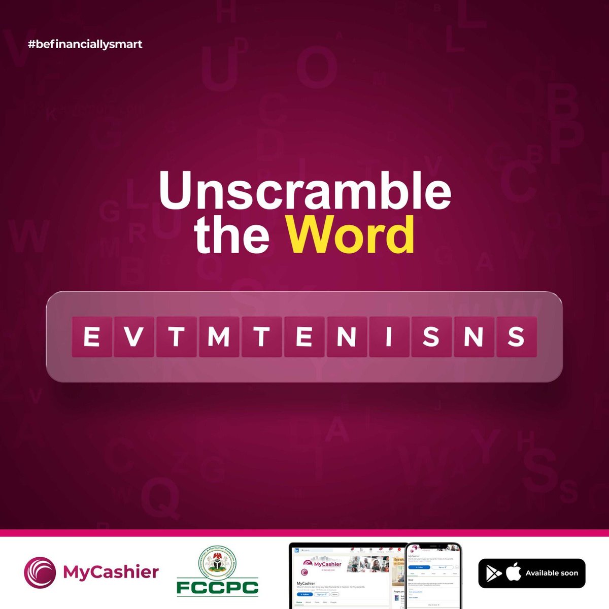 mycashierlife's tweet image. Can you unscramble this word?

Hint : What you do with money aside spending.

Drop your answers in the comments and stand a chance to win 500 airtime.

#mycashierlife
#ThursdayTrivia
#befinanciallysmart