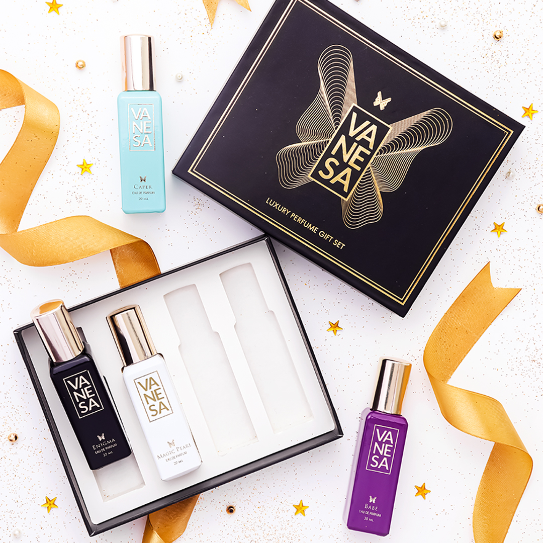 Celebrate the joy of the season with Vanesa Perfumes' presented in 20 ml bottles! Complete your festive look and let the mesmerizing fragrances captivate everyone around you. #giftpacks #Gift #20mlPerfumes #Women #EDP #Perfumes #GiftSetforDiwali #Diwali #Vanesa #VanesaBeauty