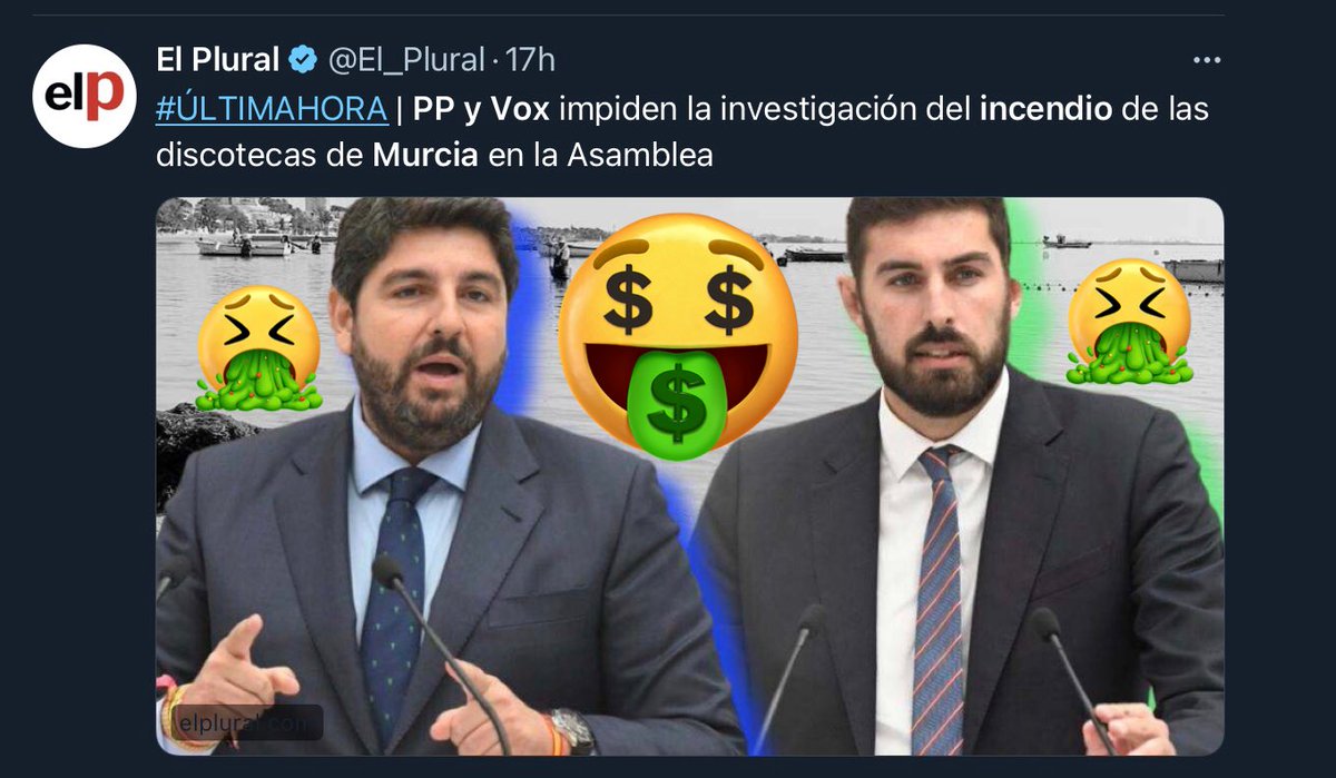 velveluaces's tweet photo. Con la legislación tan desarrollada y los materiales ignífugos q las normas estipulan xa este tipo d locales
¿Cómo es PPosible esto?
Q gran tragedia
Q gran pérdida de vidas
#DomingoTrágico
#Murcia
13 muertos NINGUNEAD@s por #PPVOX #PPOX y su RESOLUCIÓN EN EL PARLAMENTO MURCIANO! https://t.co/0gbZIKsjTz