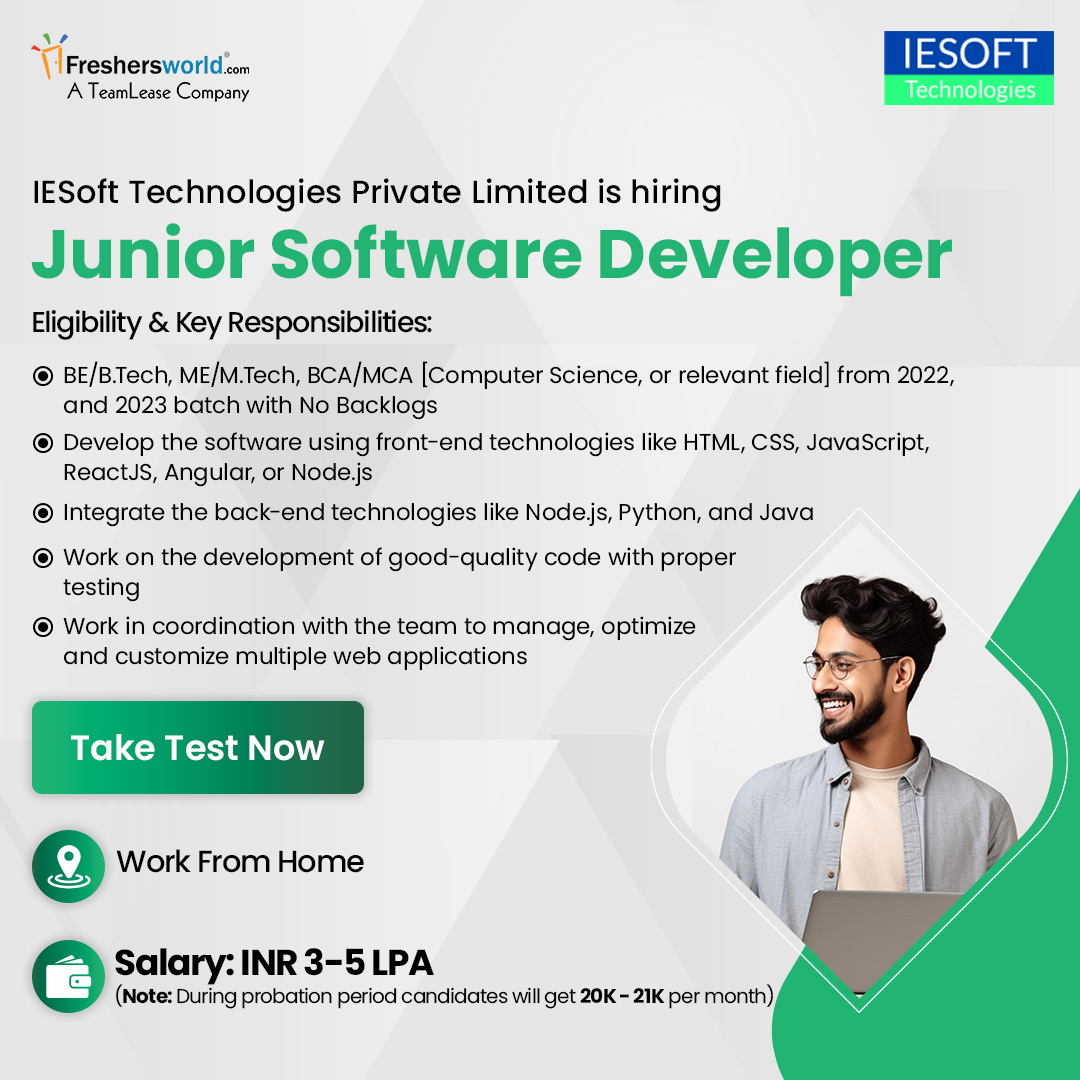 Freshersworld's tweet image. IESoft Technologies Private Limited is hiring for the role of Junior Software Developer
Work Location: Work From Home
Take Test Now: fwld.in/ceat/JuniorSof…
Follow Freshersworld.com for the latest job updates
#juniorsoftwaredeveloper #2022batch #2023batch #workfromhome