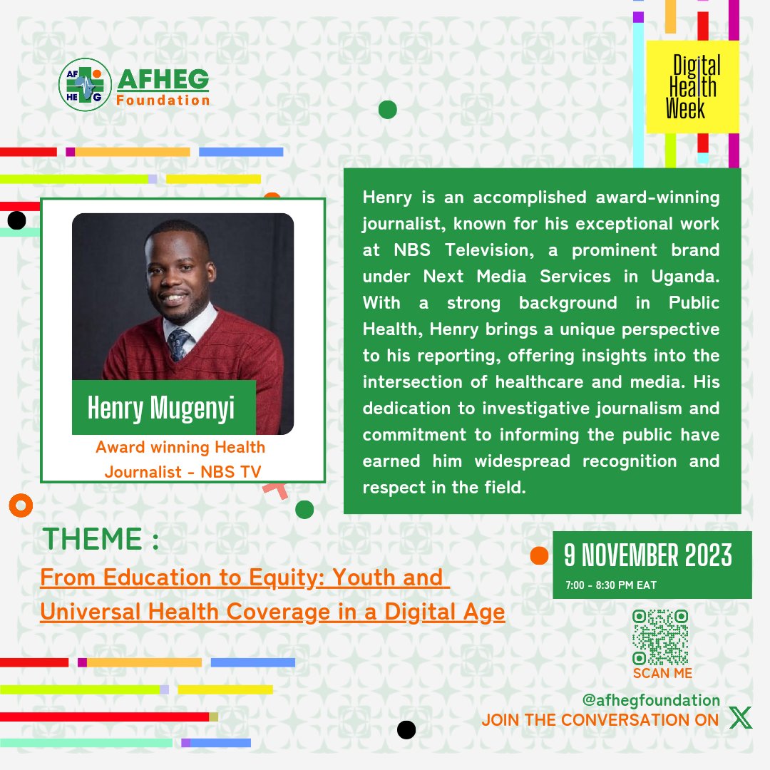 AFHEGFoundation's tweet image. We are thrilled to introduce Henry Mugenyi, an award-winning journalist with a background in Public Health. His unique perspective on healthcare and media has garnered widespread recognition. Henry is set to share his insights during #DigitalHealthWeek2023.

#AFHEG