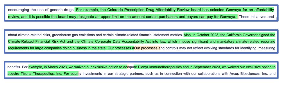 Gilead - $GILD - 10Q

Updated Risk Section:

- Genvoya drug under review by the Colorado affordability board
- Climate Risk Act signed into law
- Pinoyr and Tizona purchase options waived

Check out the sentiment analysis at - d-risk.ai

#riskprofile #riskmanagement