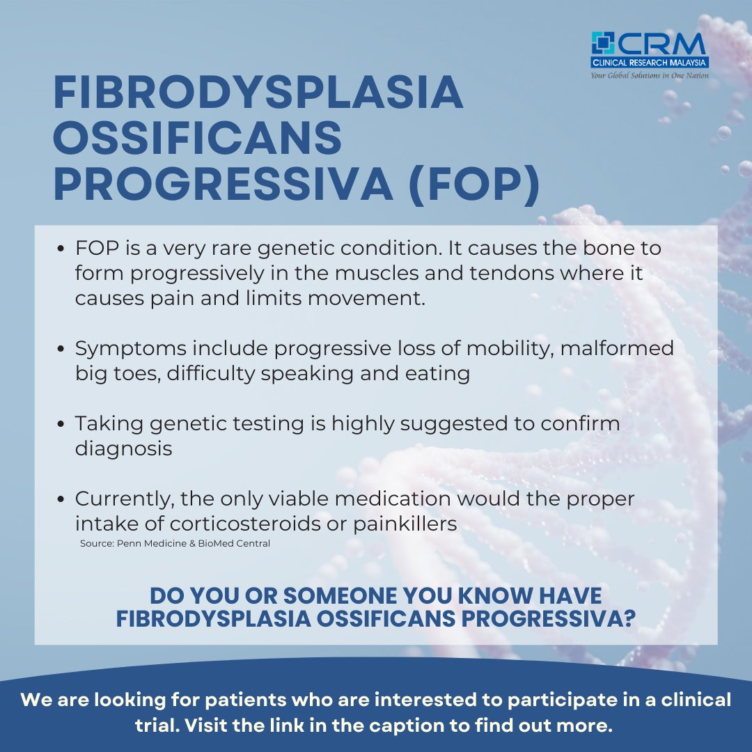 We are looking for patients with Fibrodysplasia Ossificans Progressiva condition. Visit the link below if you are interested to partake in our clinical trial!

clinicalresearch.my/condition/fibr…

#findaclinicaltrial #clinicalresearchmy #fibrodysplasiaossificansprogressiva
