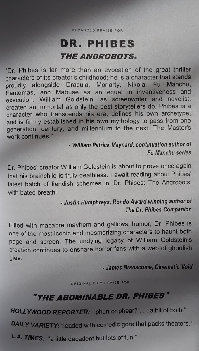 PhibesForever's tweet image. DR. PHIBES THE ANDROBOTS Book IV of the #DrPhibesSeriesBooks by William Goldstein, creator of the Dr. Phibes character and co-writer of #TheAbomnableDrPhibes movie. #DrPhibesTheAndrobots #DrPhibes #DrPhibesRisesAgain #DrPhibesInTheBeginning #DrPhibesVulnaviasSecret