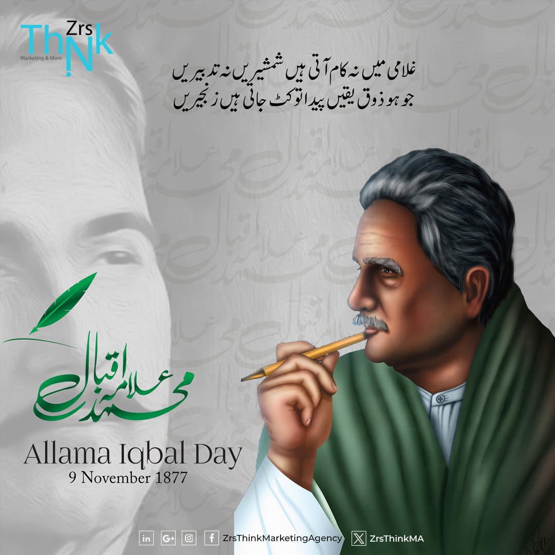 ZrsThinkMA's tweet photo. The 146th birth anniversary of national poet, Dr Allama Muhammad Iqbal is being observed across the country with national fervour today.
#zrsthink #IqbalDay #IqbalDay2023 #zrsthink_brandingandmore #marketingagency #brinding https://t.co/kocyGnfm0D