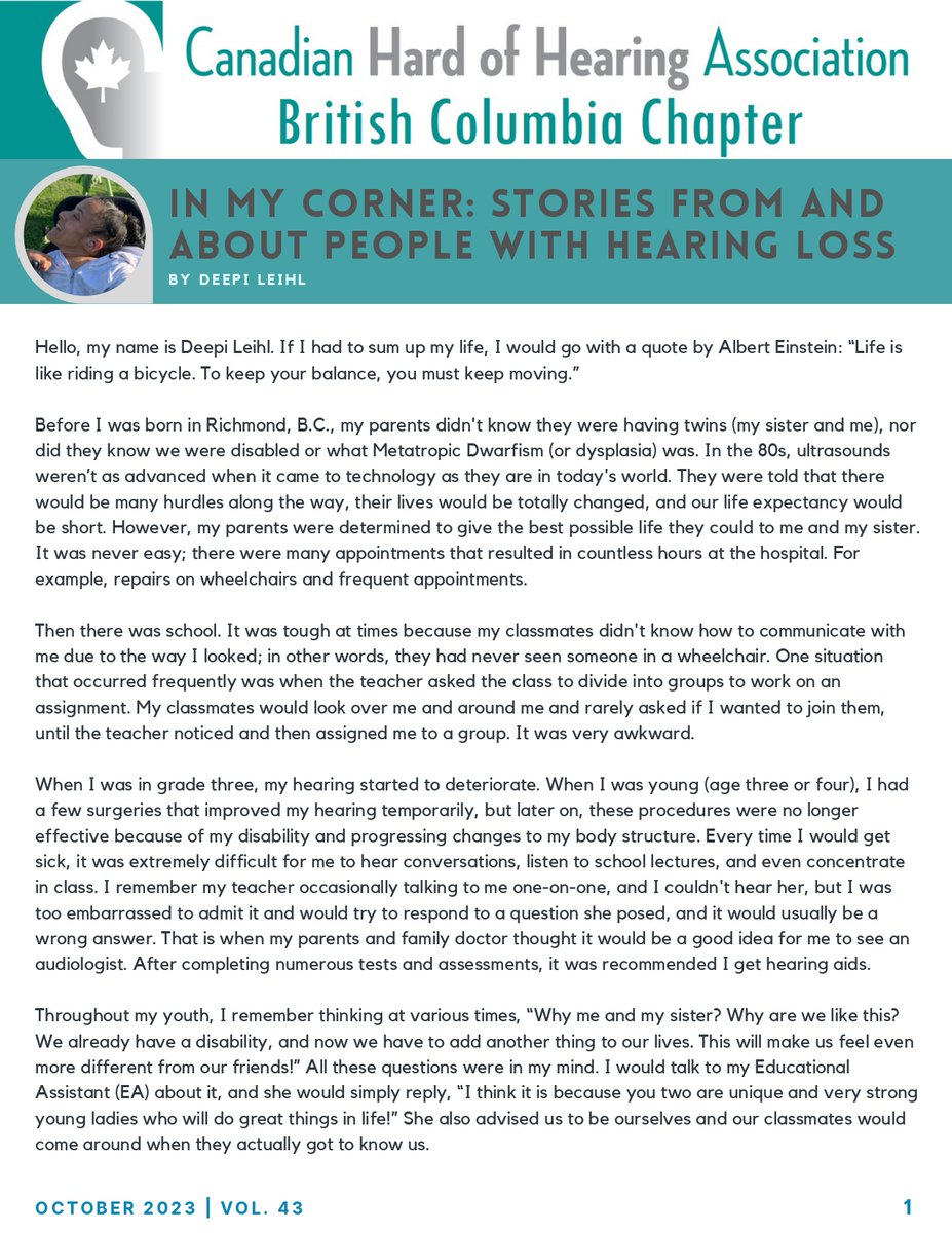 Deepi_L's tweet photo. Growing up with hearing loss &amp; physical disability isn't always easy! For this reason, I was asked to write &amp; share my journey with the @CHHABC's newly launched feature called "In My Corner: stories about people with hearing loss."  To read, see -> Link: https://t.co/Ad2LtDvK7H . https://t.co/hidmCOkq7K