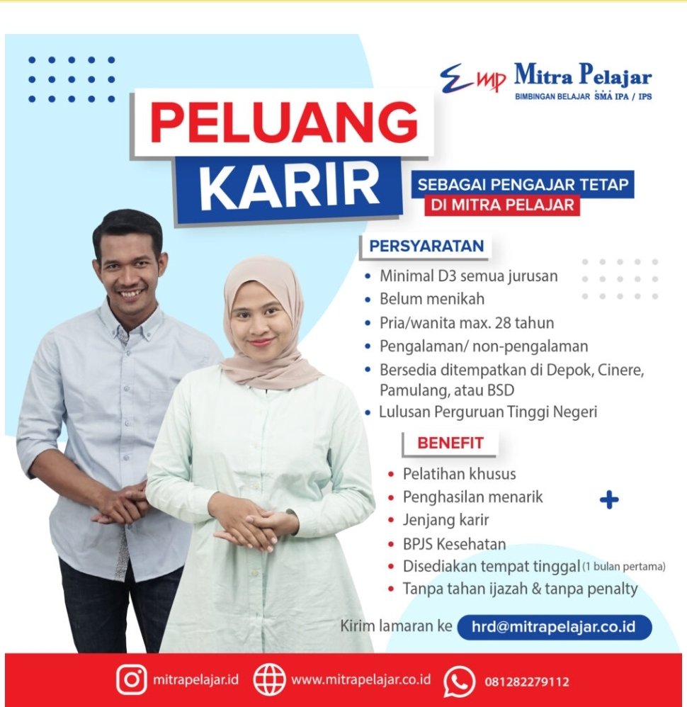MPcinere's tweet image. Dibutuhkan segera tenaga pengajar / guru kimia dan matematika untuk ditempatkan di cabang kami. #lowongan #guru #karir
Klik :  mitrapelajar.co.id/karir/