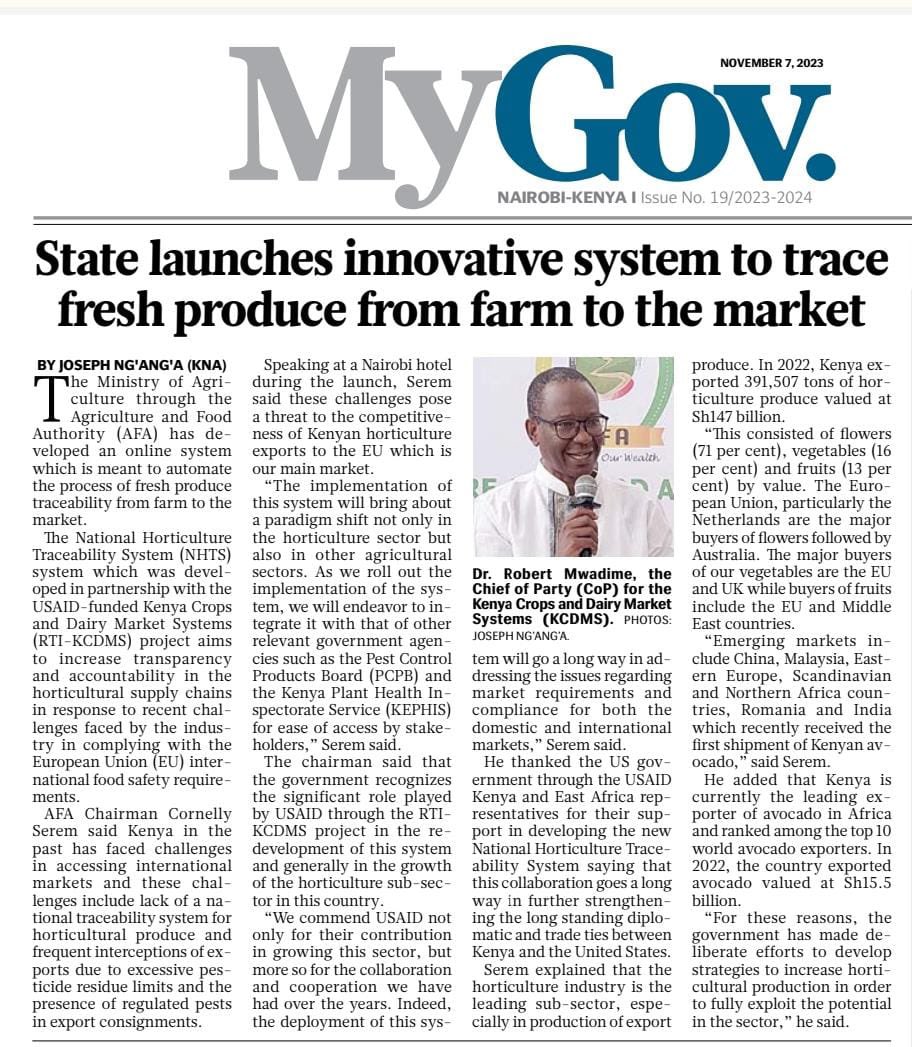 Traceability is a key issue in horticulture value chains , especially for increasing export potential of our local produce. <a href="/FeedtheFuture/">Feed the Future</a> KCDMS worked with @kilimoKE and <a href="/kenya_afa/">Agriculture and Food Authority- Kenya</a> to develop the National Horticulture Traceability System (NHTS).